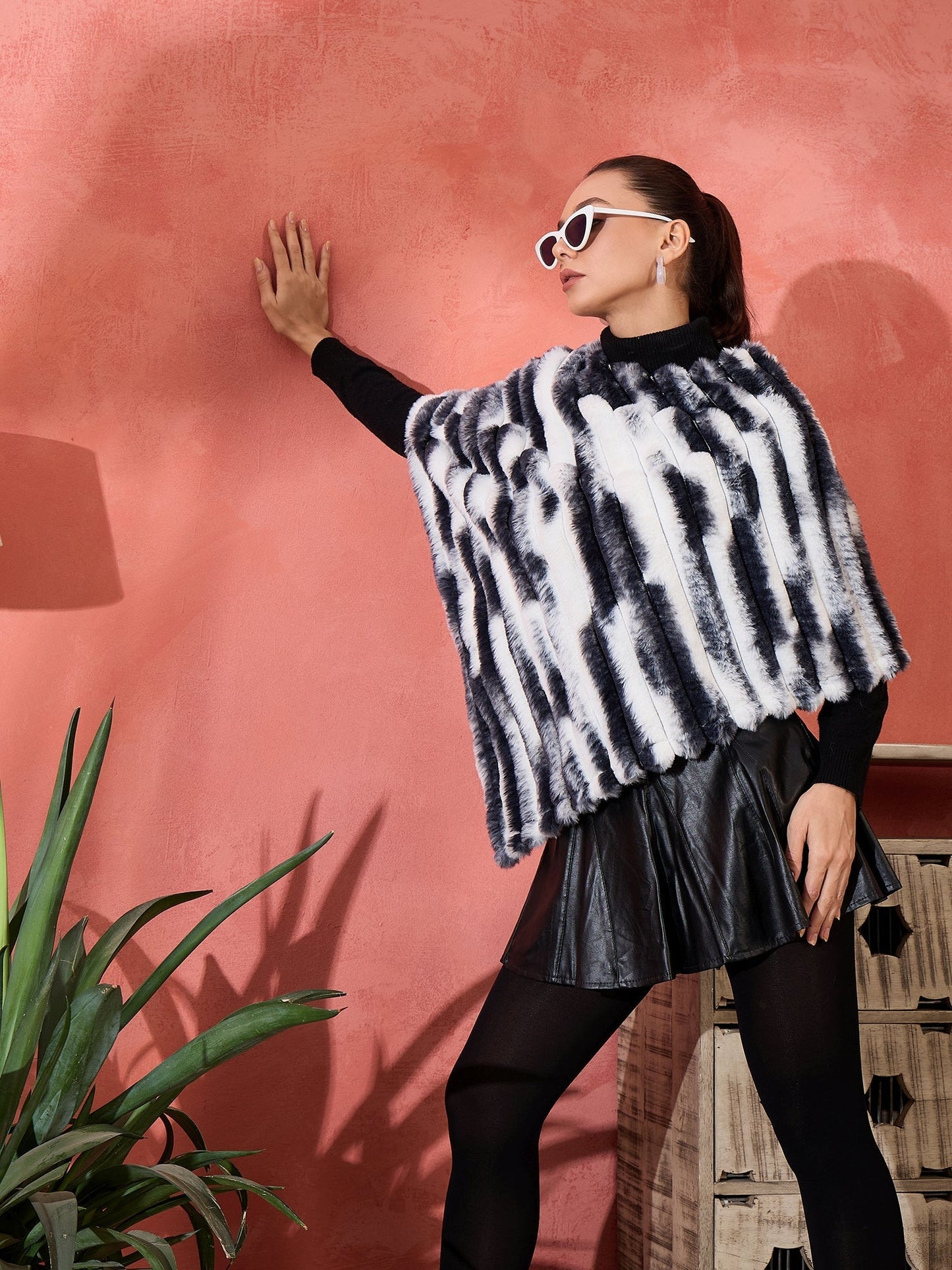 InWeave Black White Dye Rabbit Faux Fur Poncho - Swadesiicart