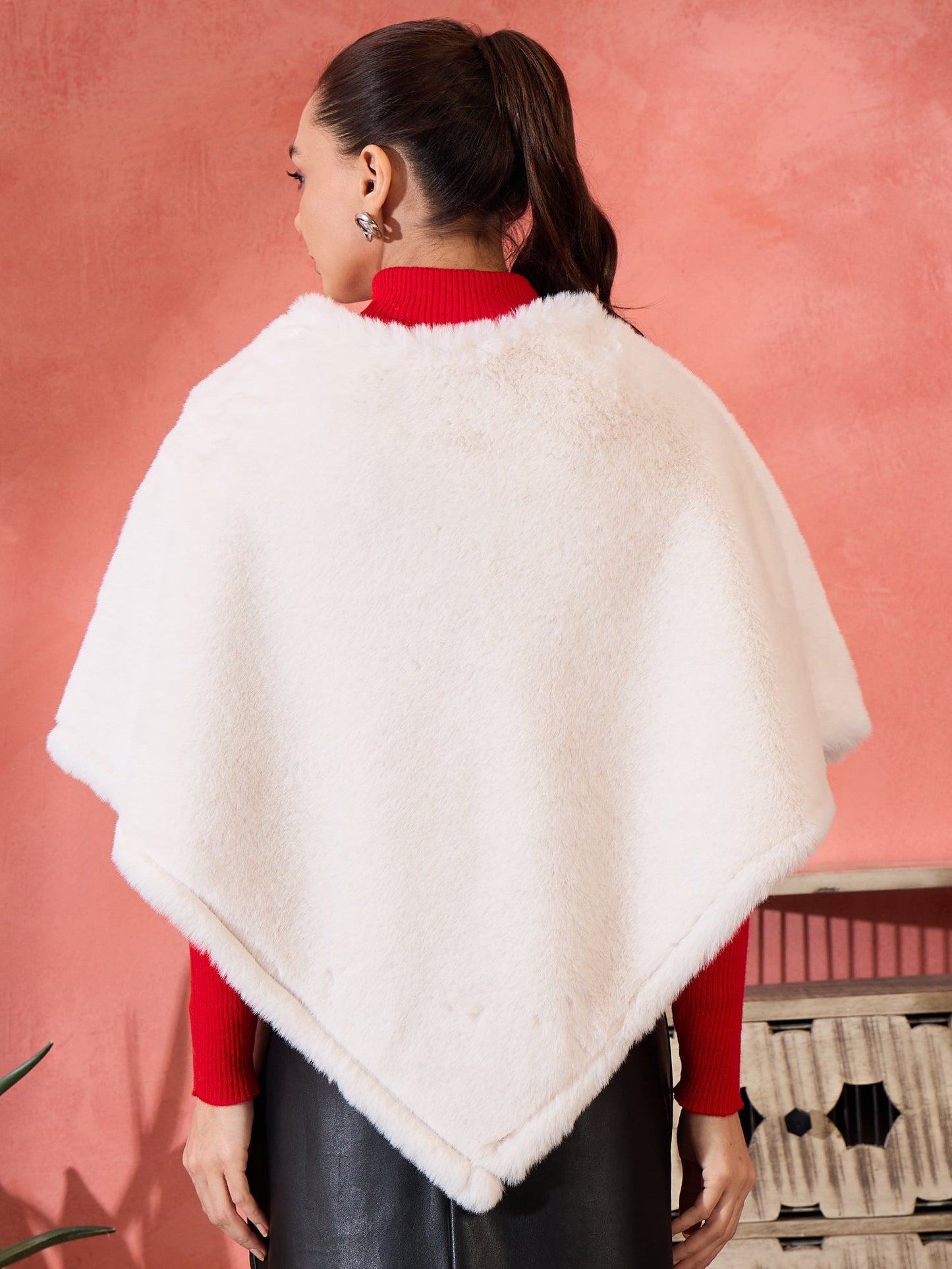 InWeave Cream Rabbit Faux Fur Poncho - Swadesiicart