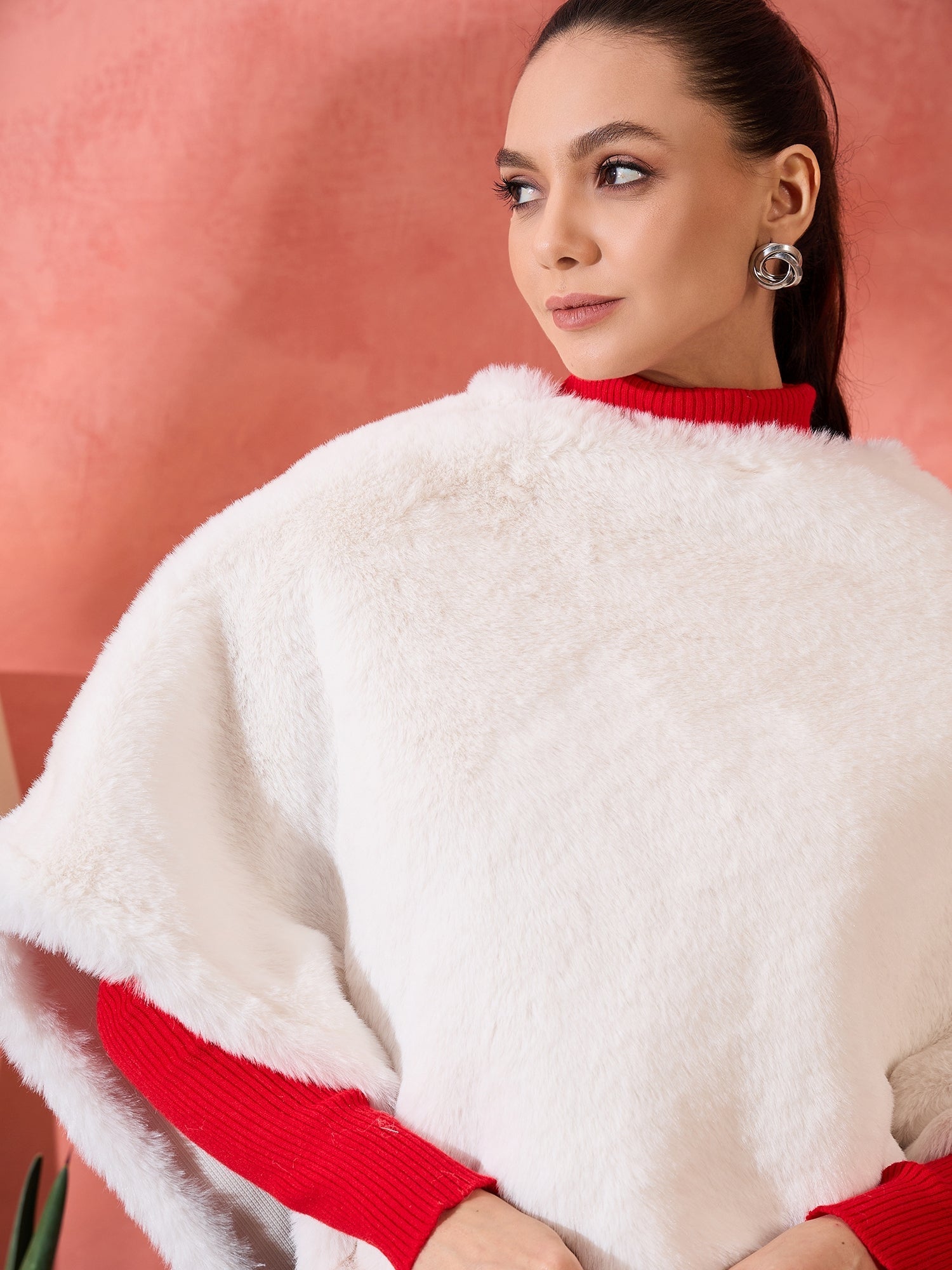 InWeave Cream Rabbit Faux Fur Poncho - Swadesiicart