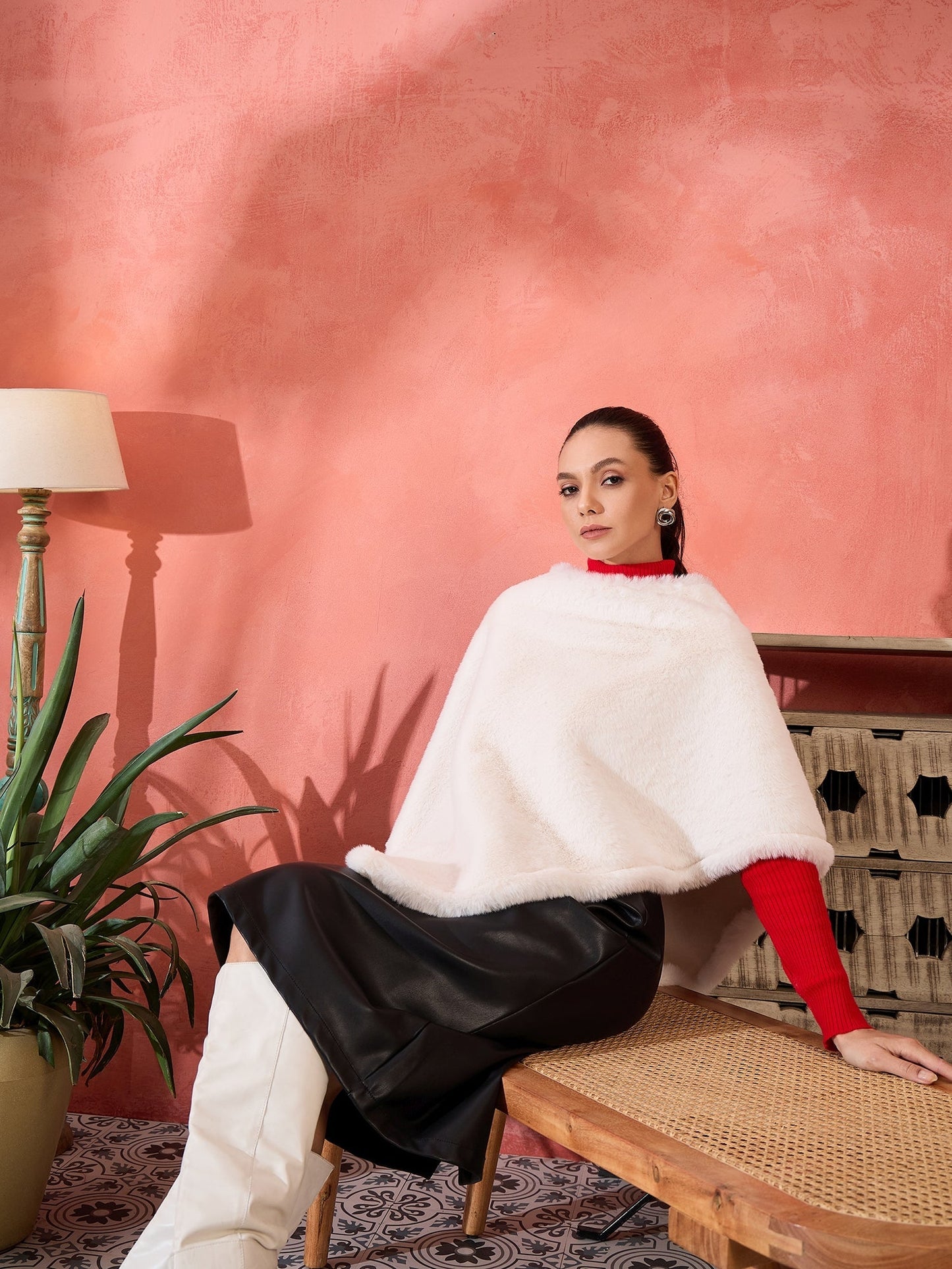InWeave Cream Rabbit Faux Fur Poncho - Swadesiicart