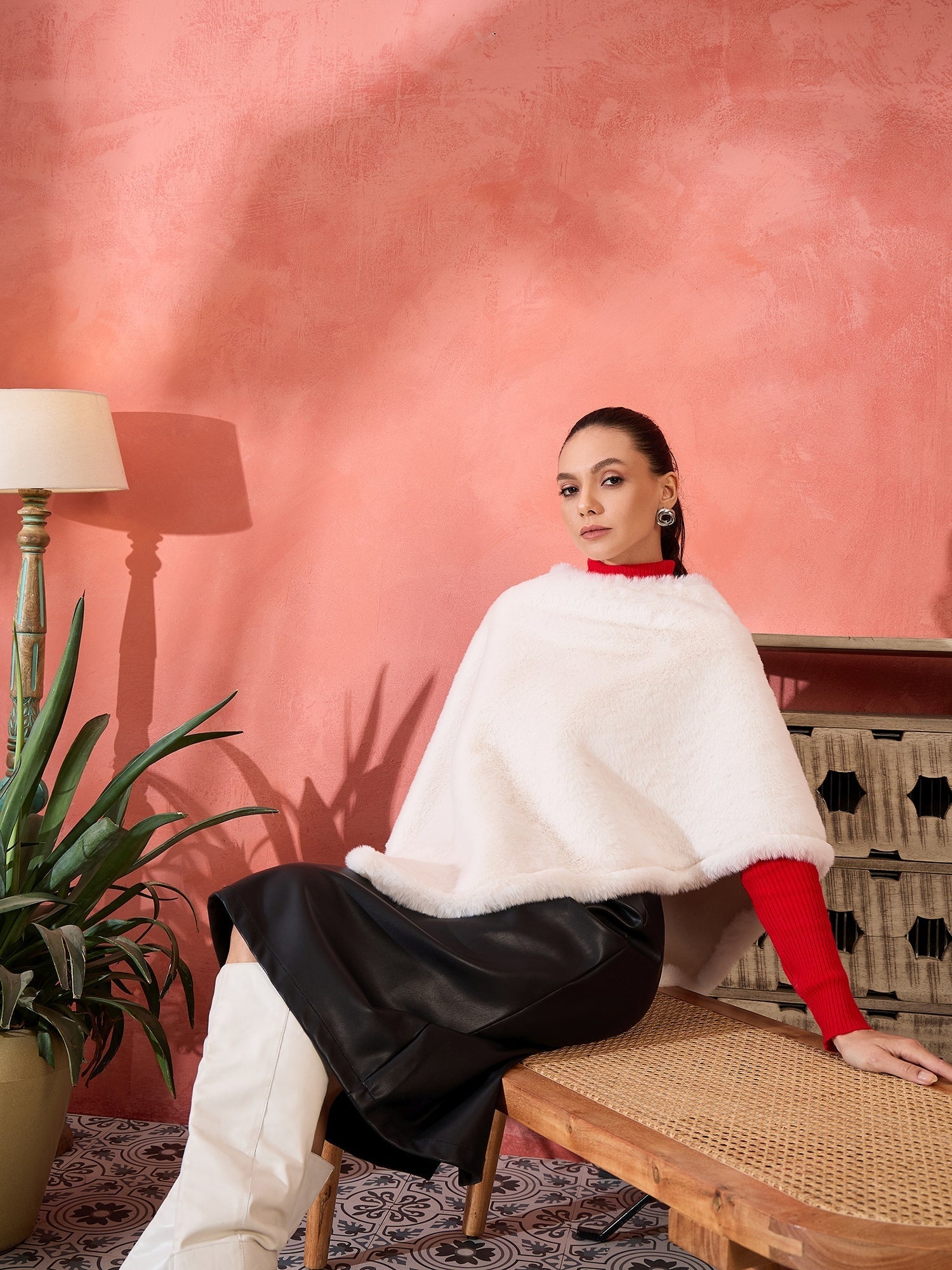 InWeave Cream Rabbit Faux Fur Poncho - Swadesiicart