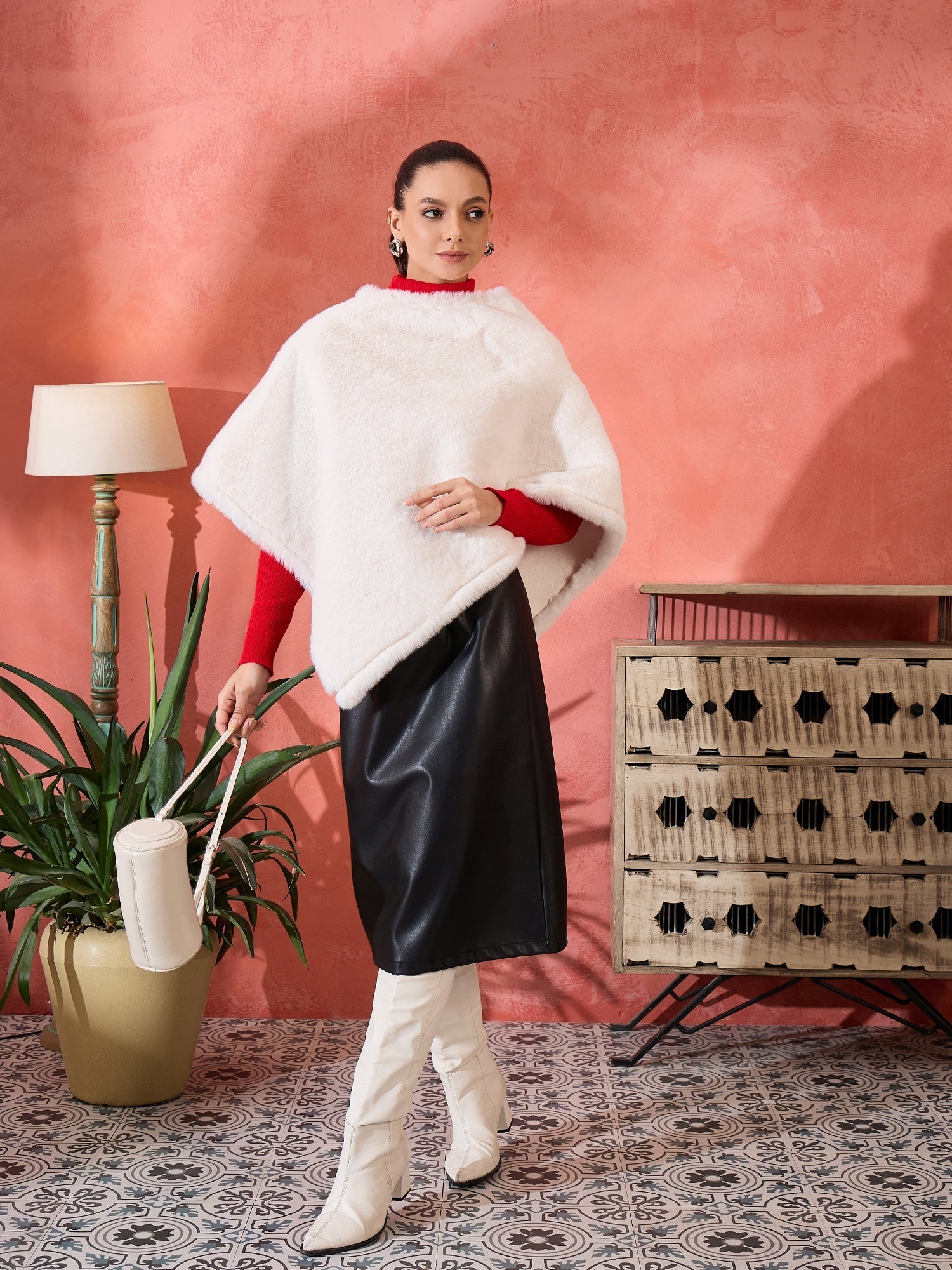 InWeave Cream Rabbit Faux Fur Poncho - Swadesiicart