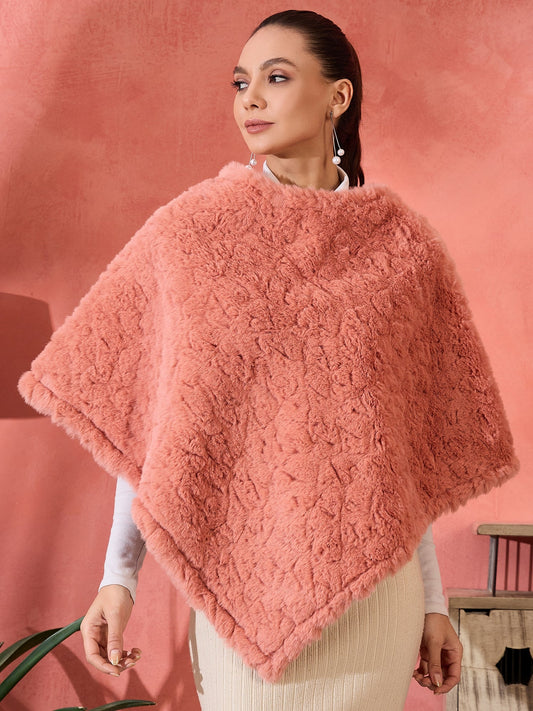 InWeave Coral Rabbit Faux Fur Poncho - Swadesiicart