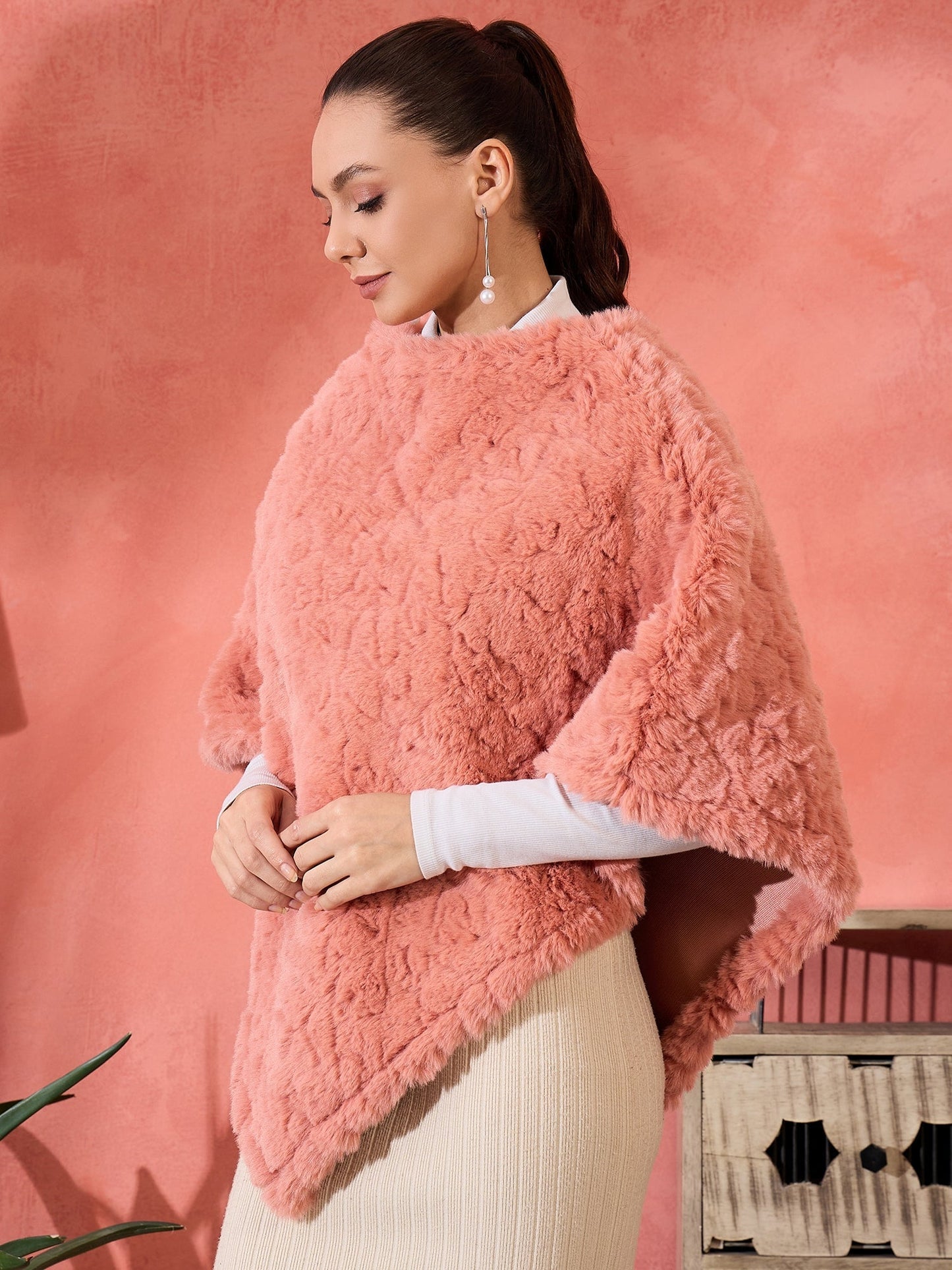 InWeave Coral Rabbit Faux Fur Poncho - Swadesiicart