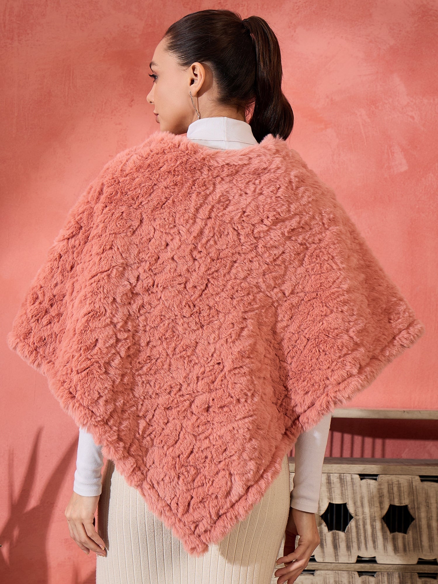 InWeave Coral Rabbit Faux Fur Poncho - Swadesiicart