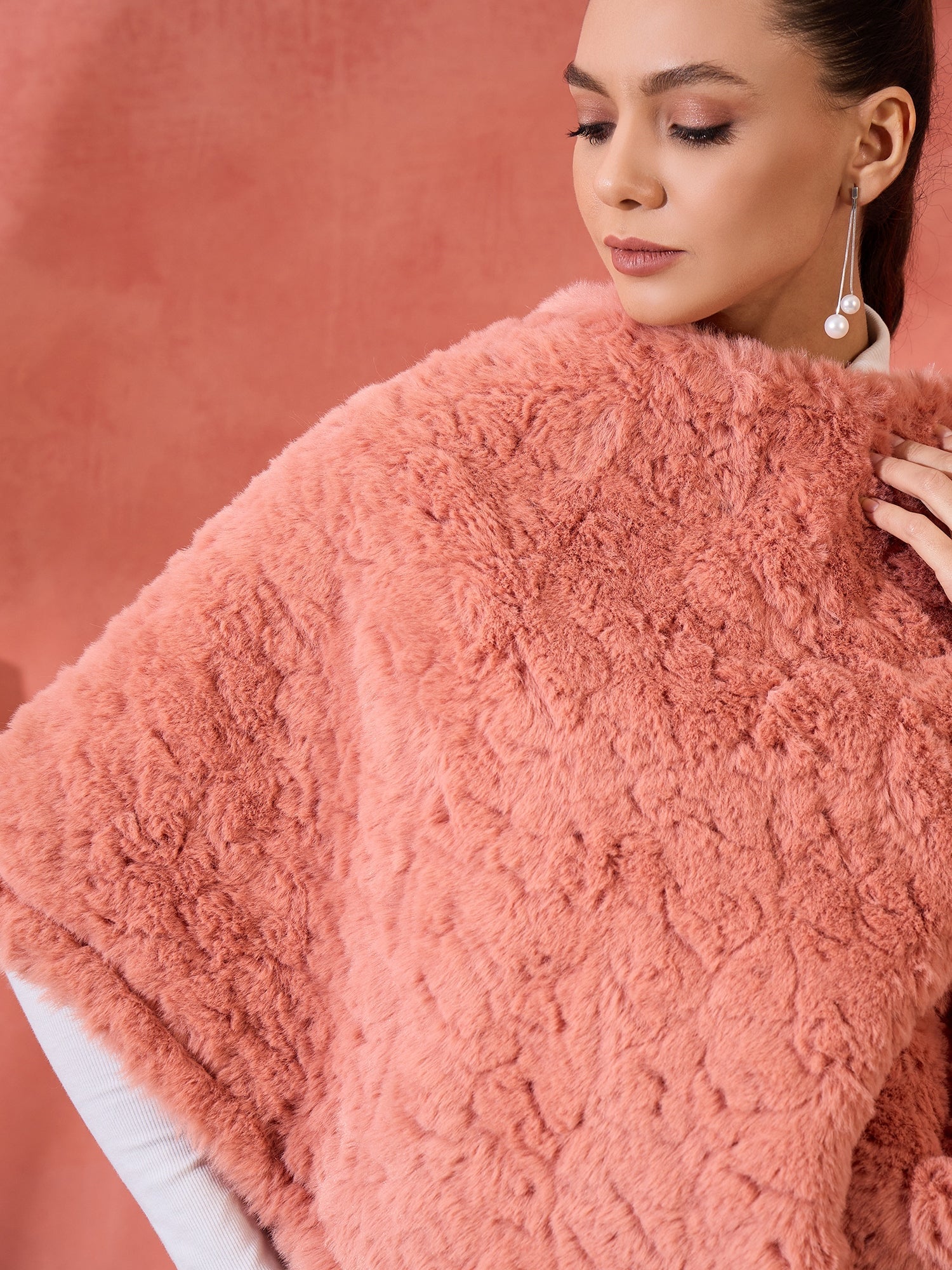 InWeave Coral Rabbit Faux Fur Poncho - Swadesiicart