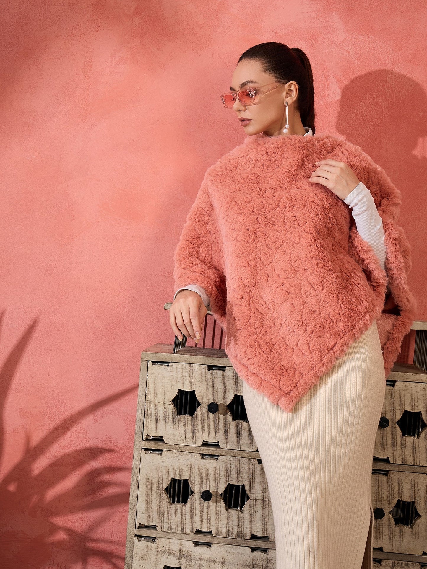 InWeave Coral Rabbit Faux Fur Poncho - Swadesiicart