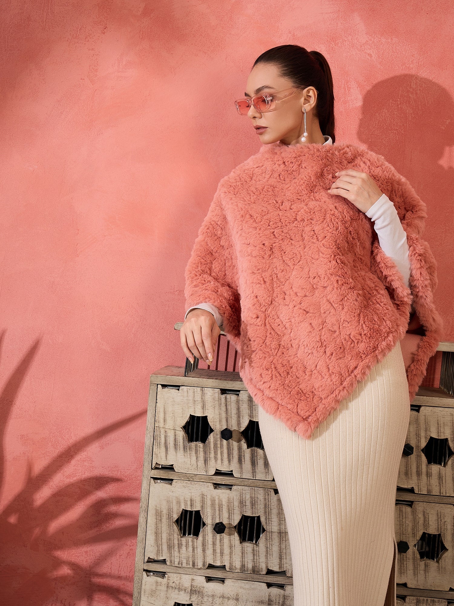 InWeave Coral Rabbit Faux Fur Poncho - Swadesiicart