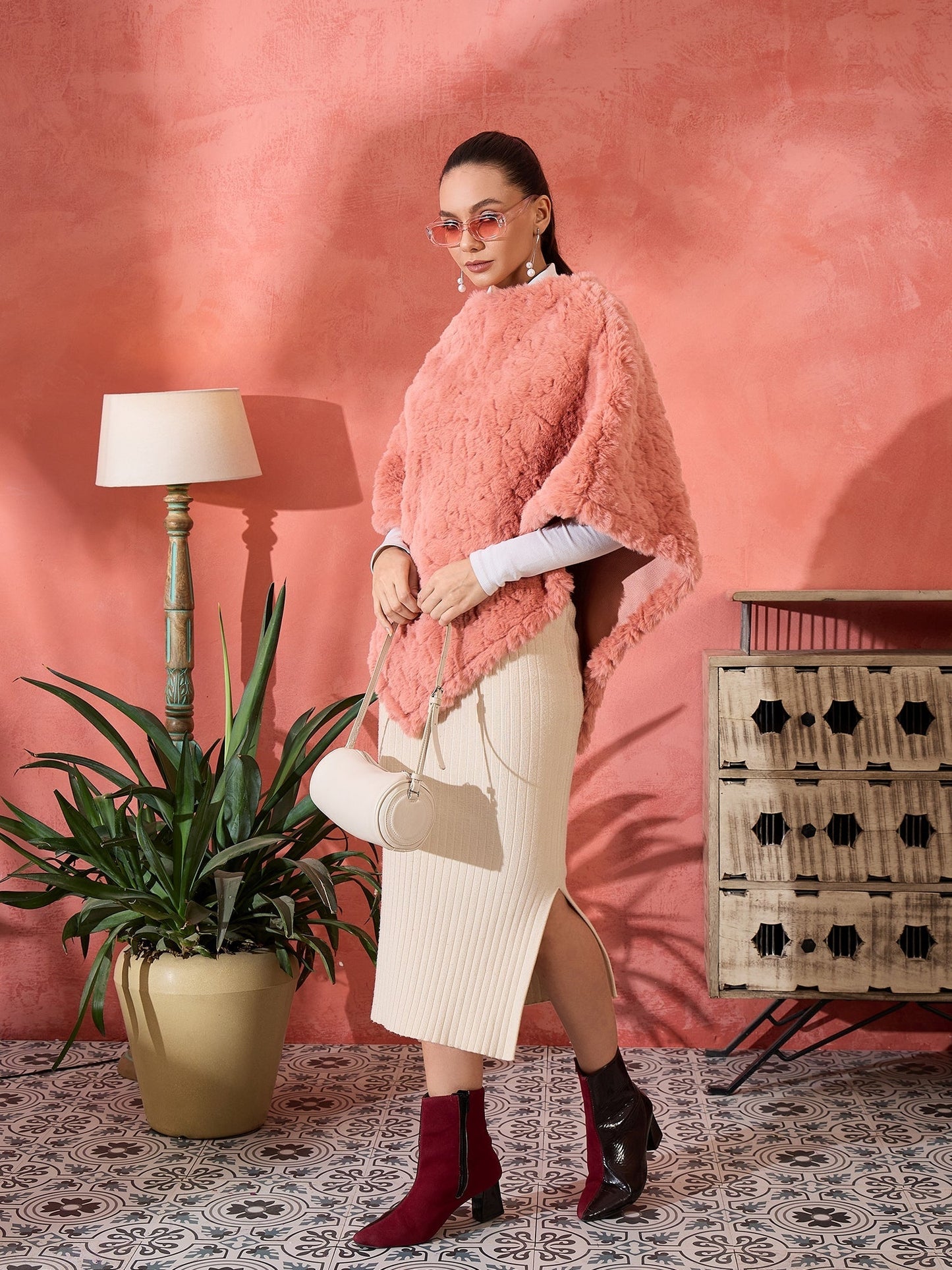 InWeave Coral Rabbit Faux Fur Poncho - Swadesiicart