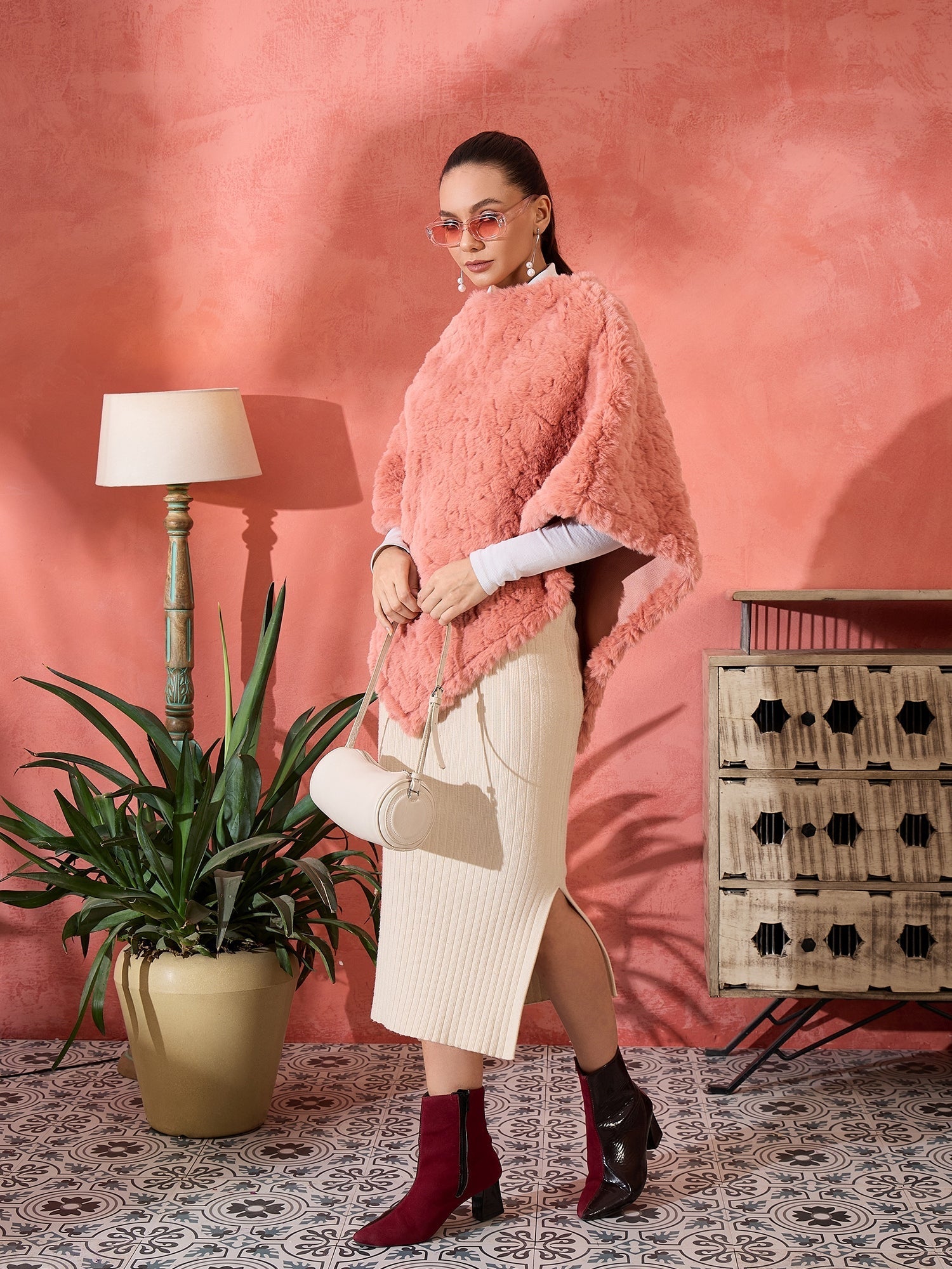 InWeave Coral Rabbit Faux Fur Poncho - Swadesiicart