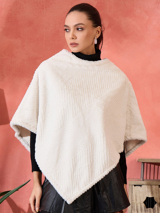 InWeave Cream Striped Rabbit Faux Fur Poncho - Swadesiicart