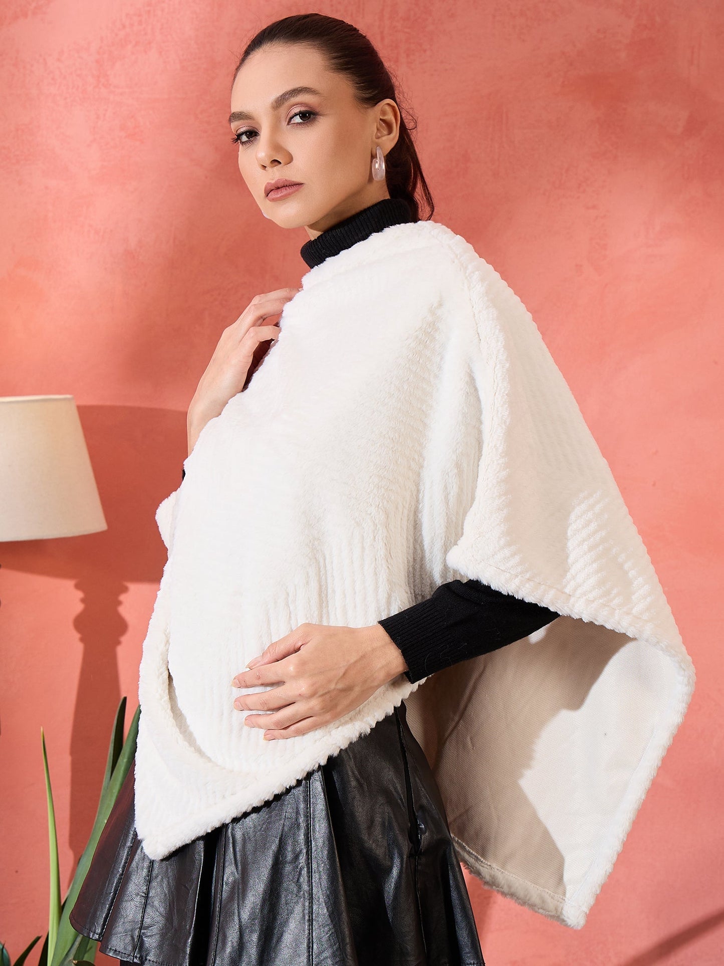 InWeave Cream Striped Rabbit Faux Fur Poncho - Swadesiicart