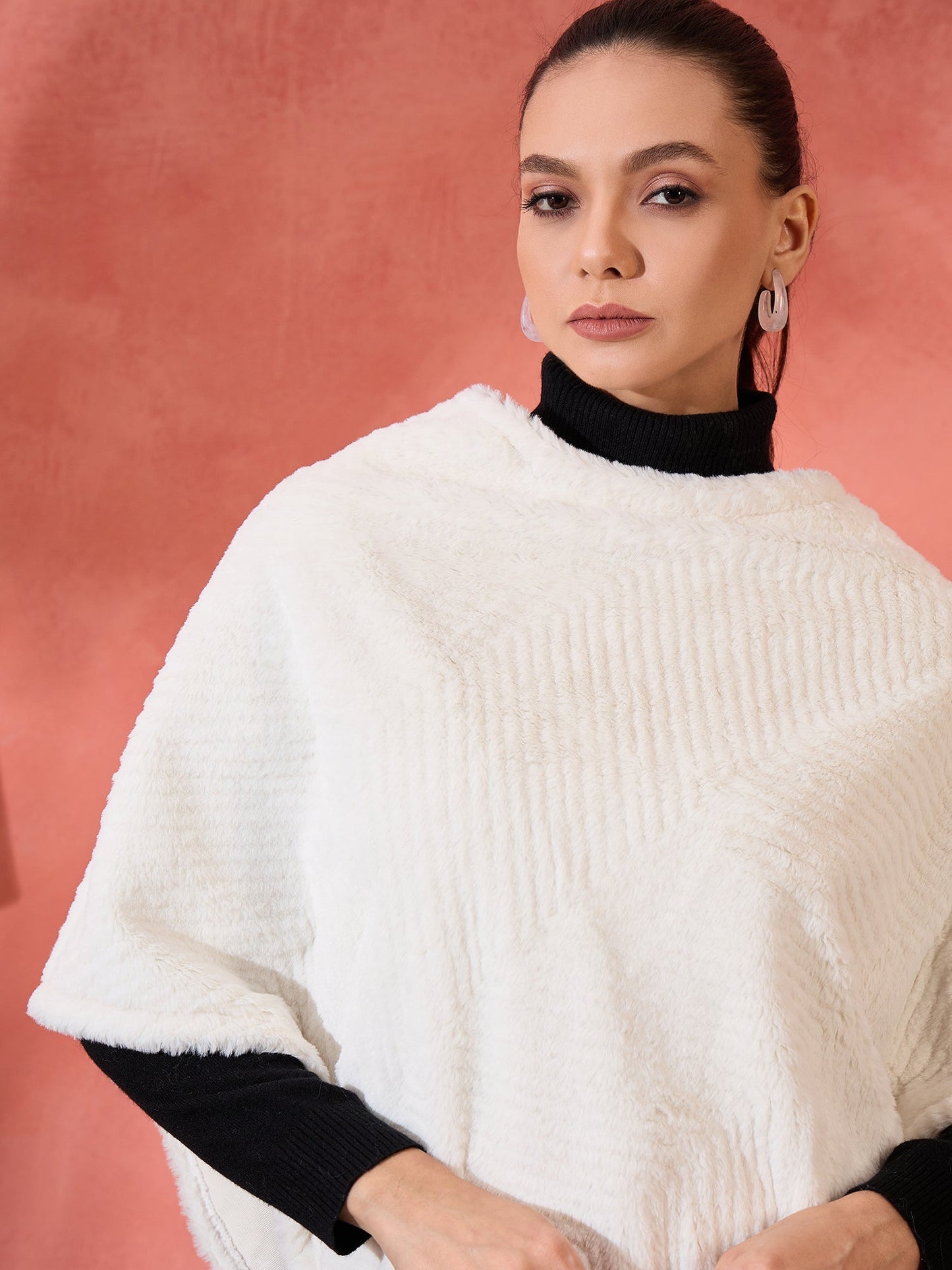 InWeave Cream Striped Rabbit Faux Fur Poncho - Swadesiicart
