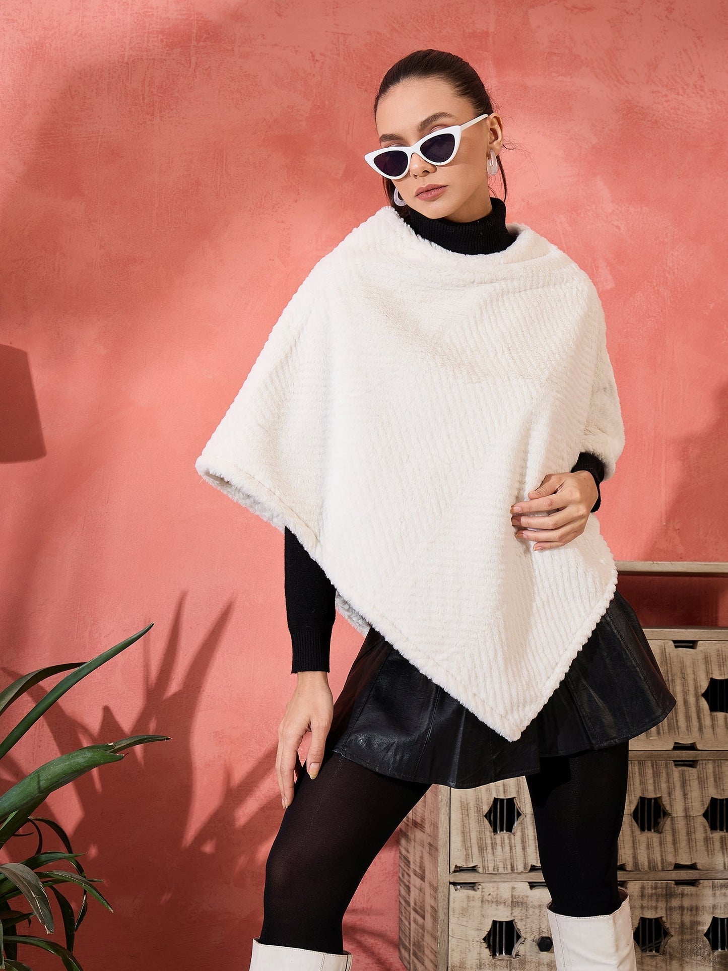 InWeave Cream Striped Rabbit Faux Fur Poncho - Swadesiicart