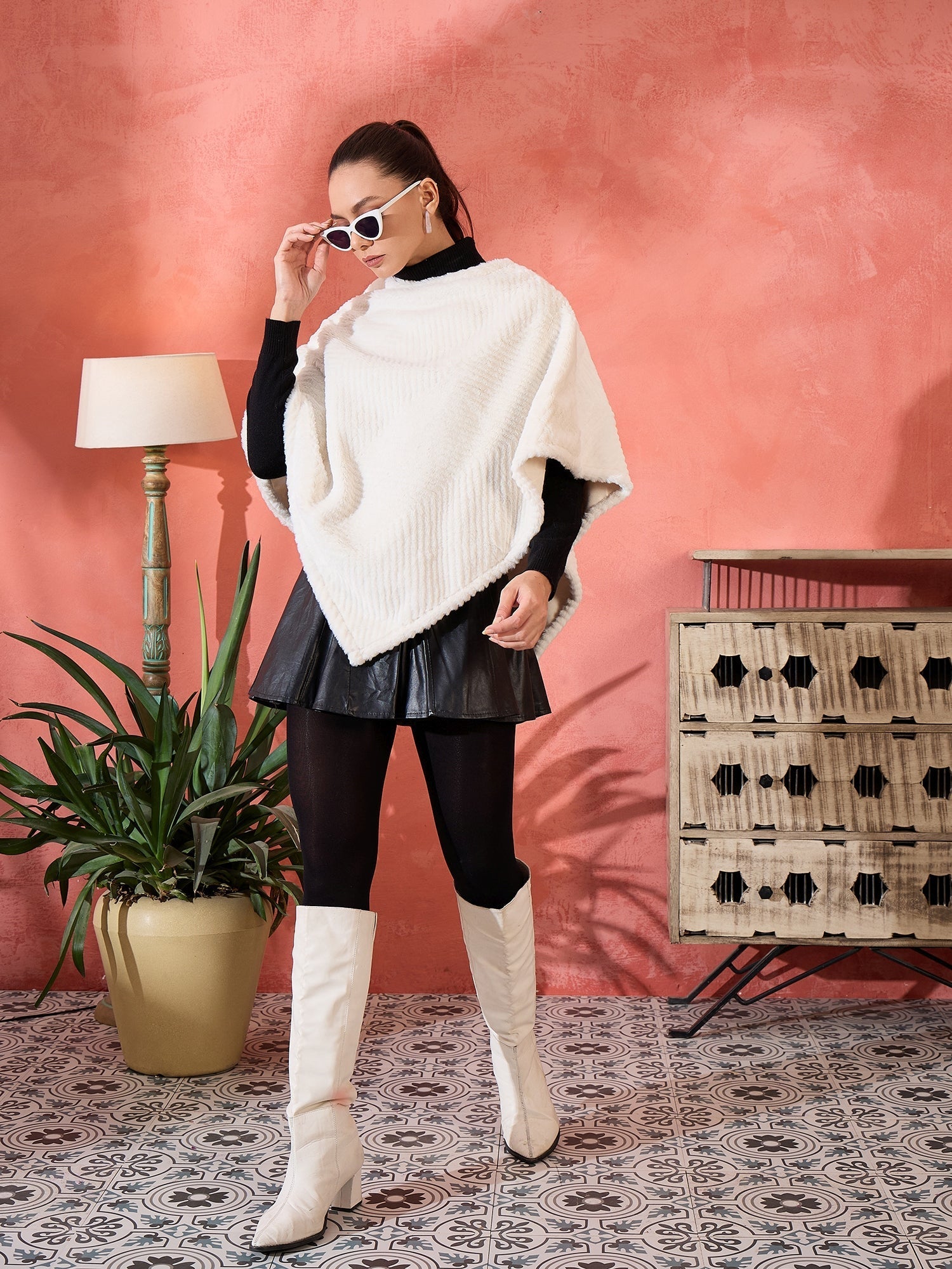 InWeave Cream Striped Rabbit Faux Fur Poncho - Swadesiicart