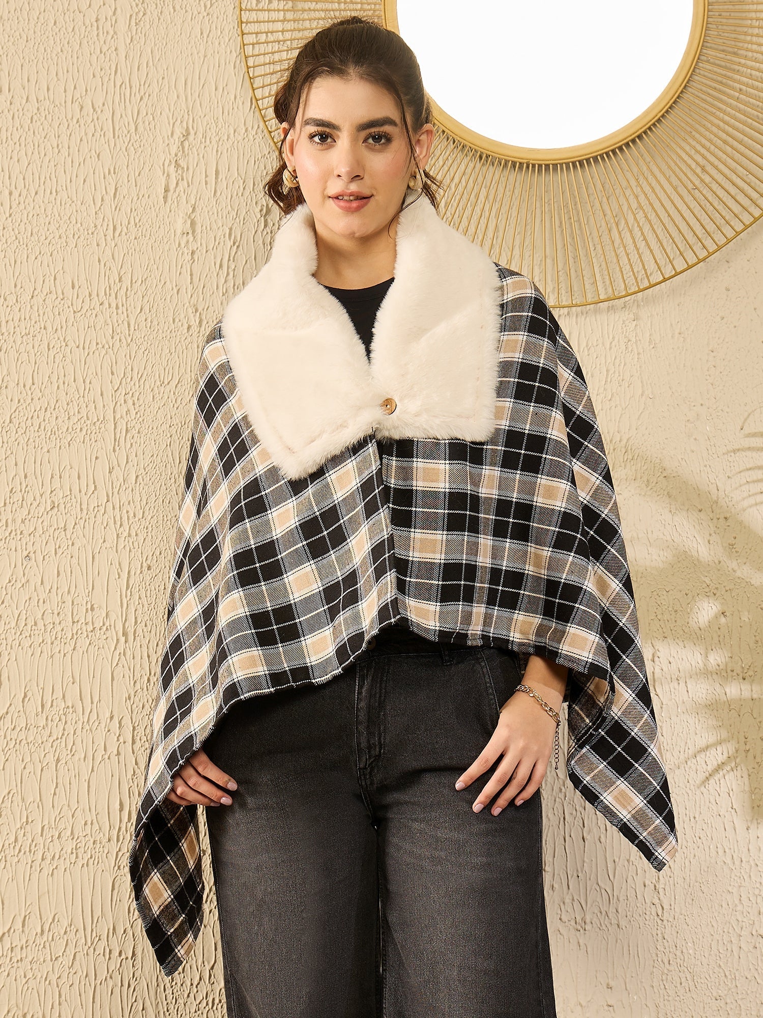 InWeave Black Beige Check Cream Fur Poncho - Swadesiicart