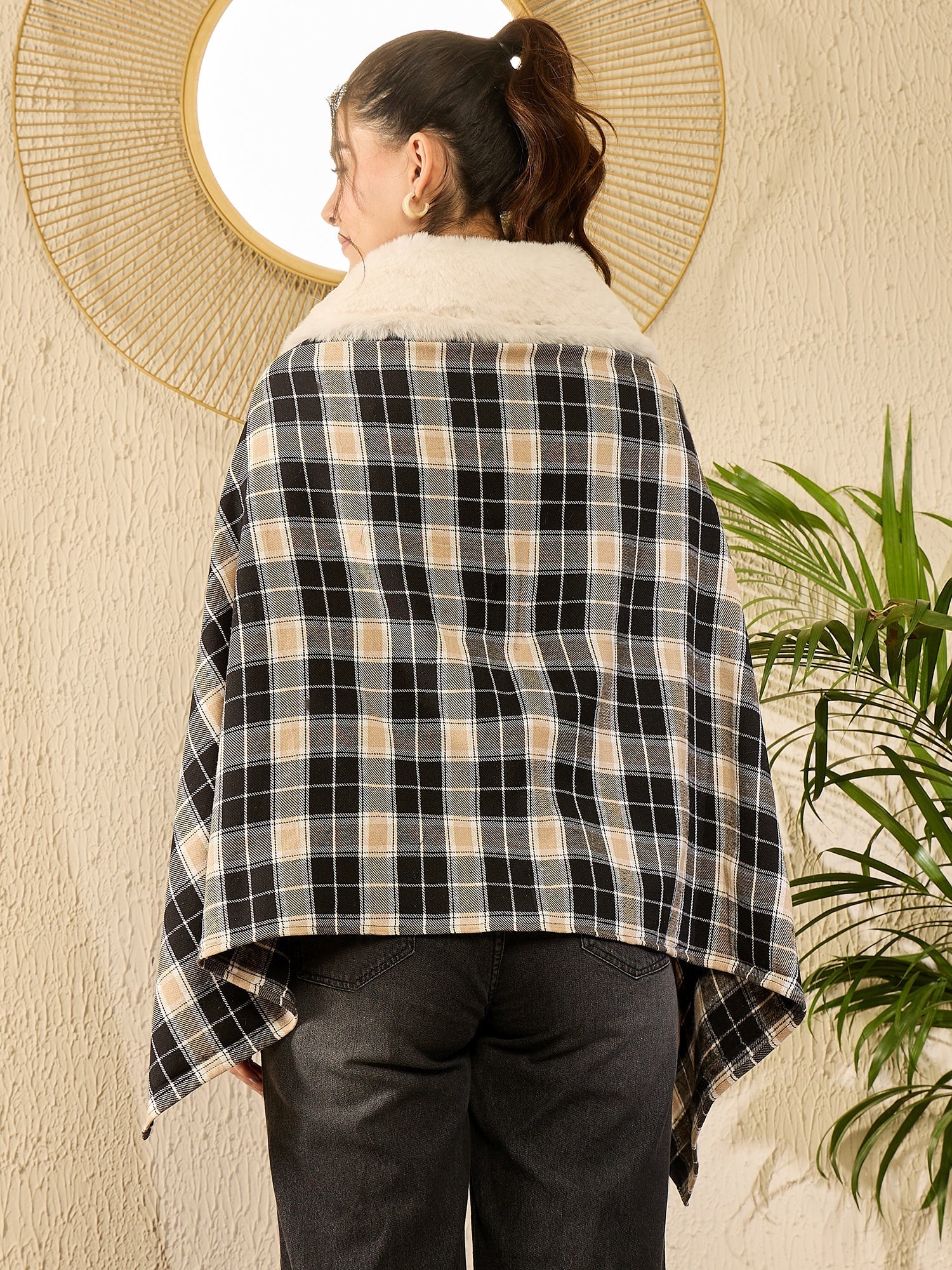 InWeave Black Beige Check Cream Fur Poncho - Swadesiicart