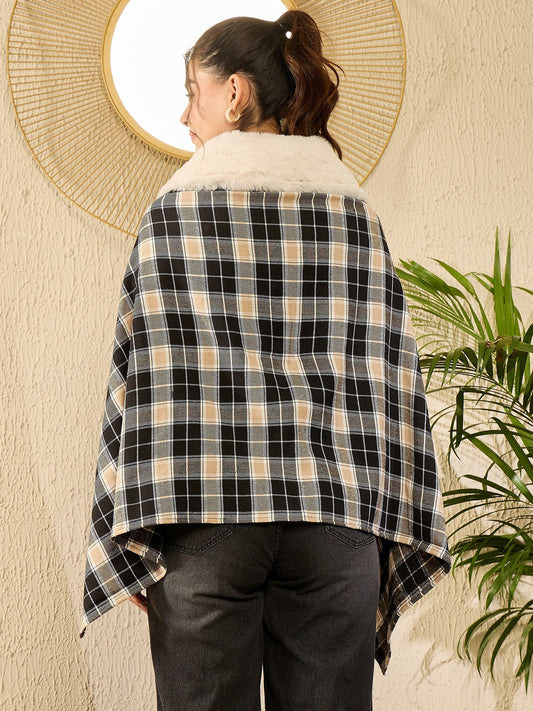 InWeave Black Beige Check Cream Fur Poncho - Swadesiicart