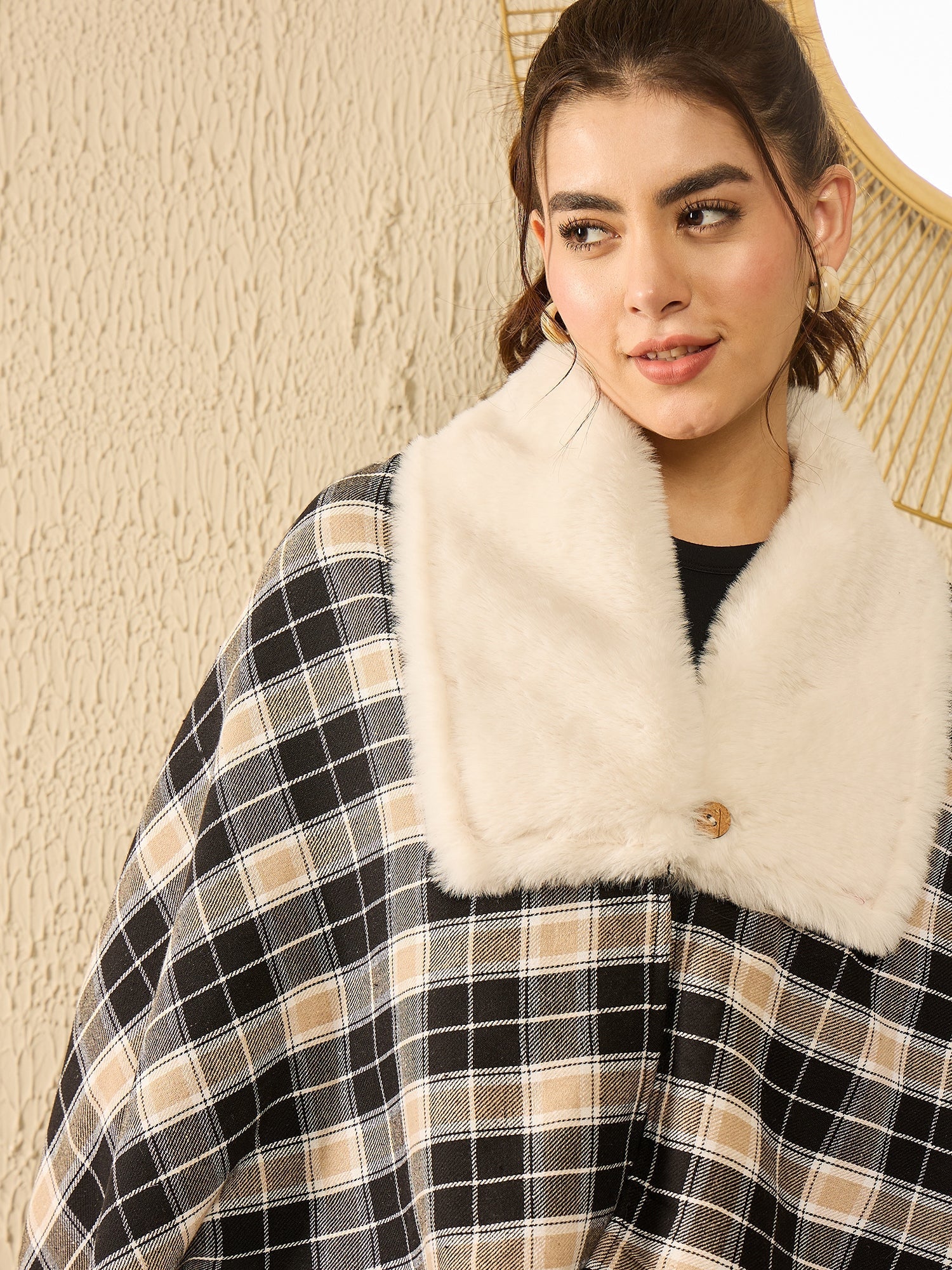 InWeave Black Beige Check Cream Fur Poncho - Swadesiicart