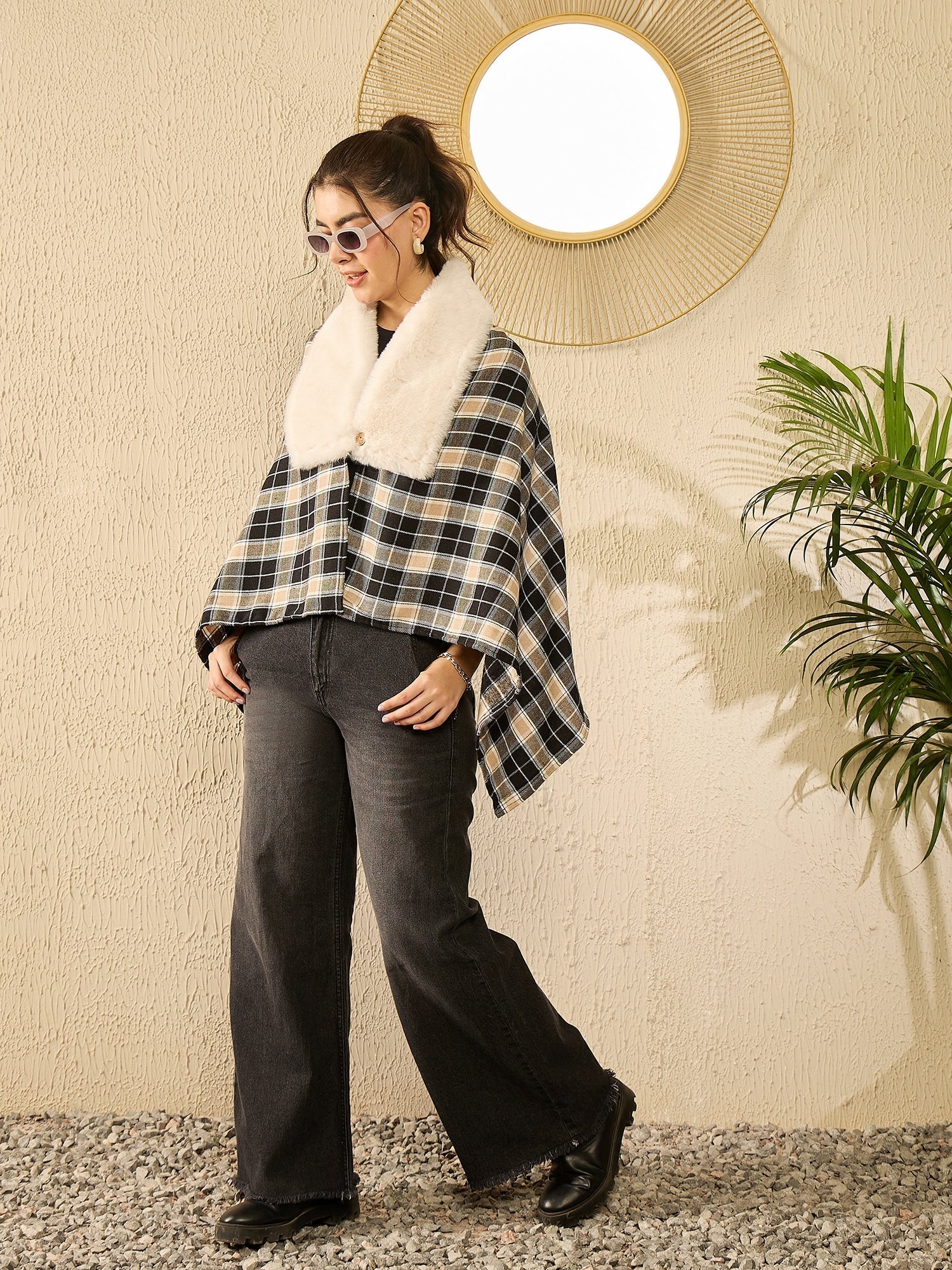 InWeave Black Beige Check Cream Fur Poncho - Swadesiicart