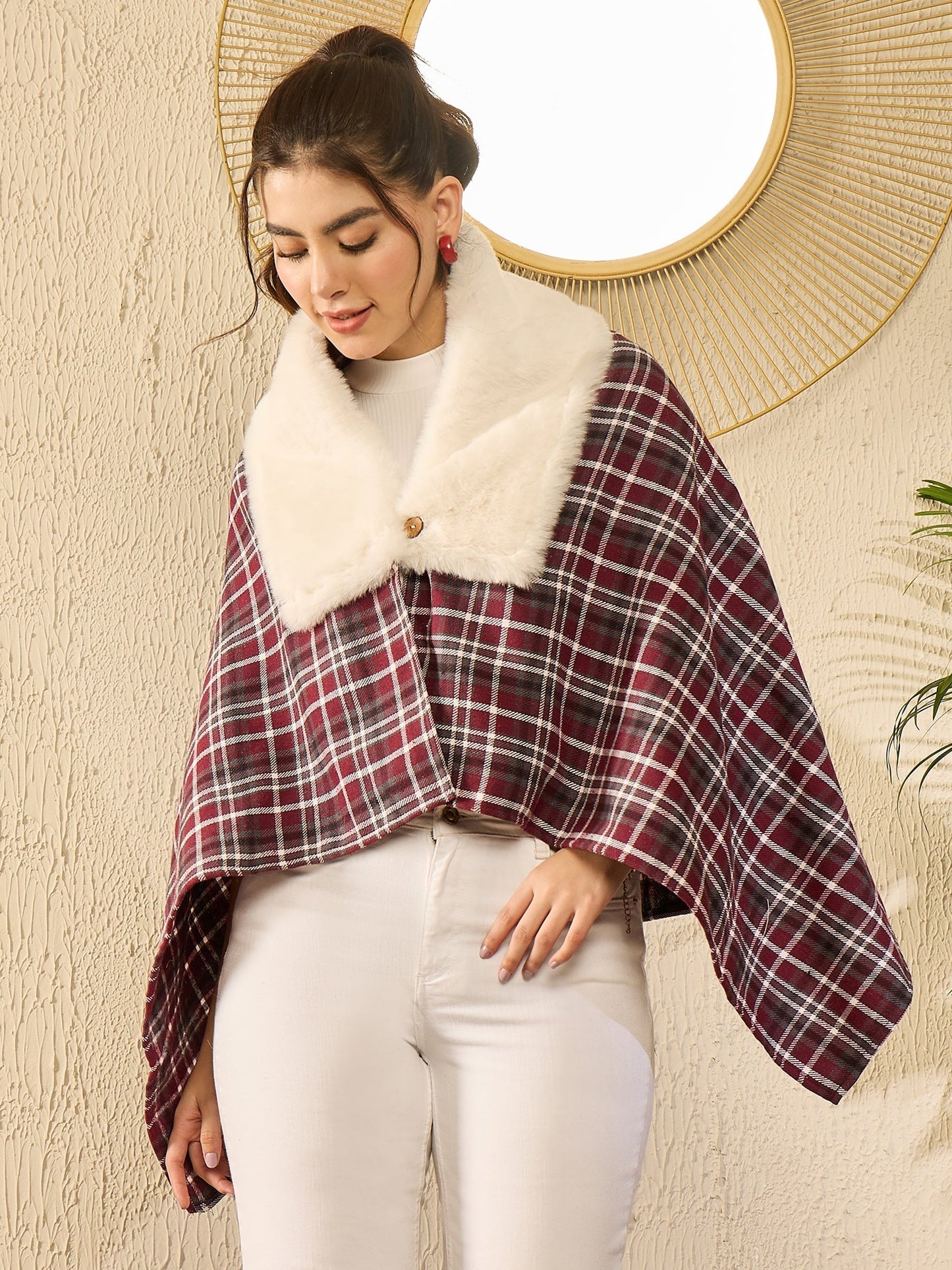 InWeave Burgundy Grey Check Cream Fur Poncho - Swadesiicart