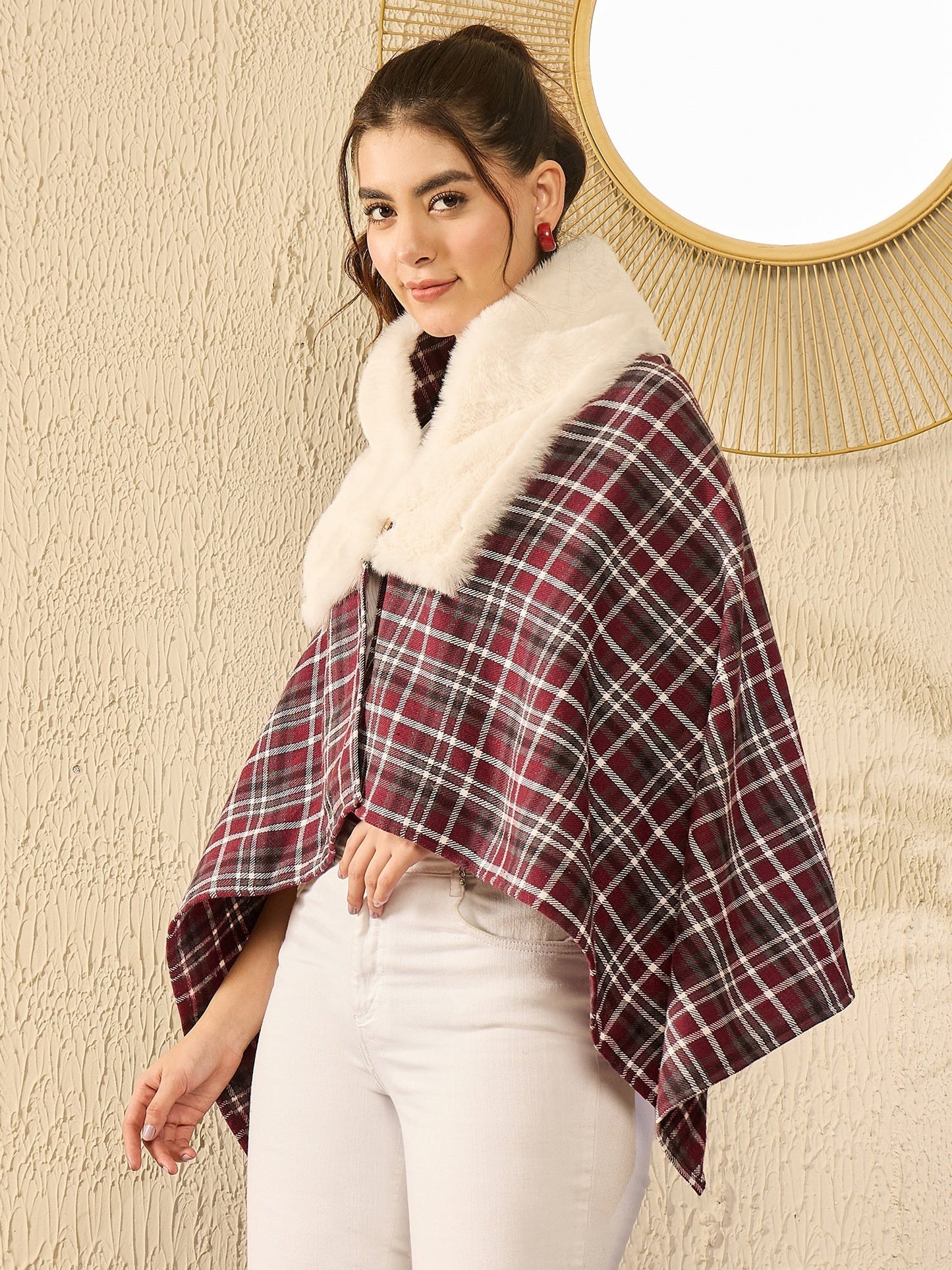 InWeave Burgundy Grey Check Cream Fur Poncho - Swadesiicart