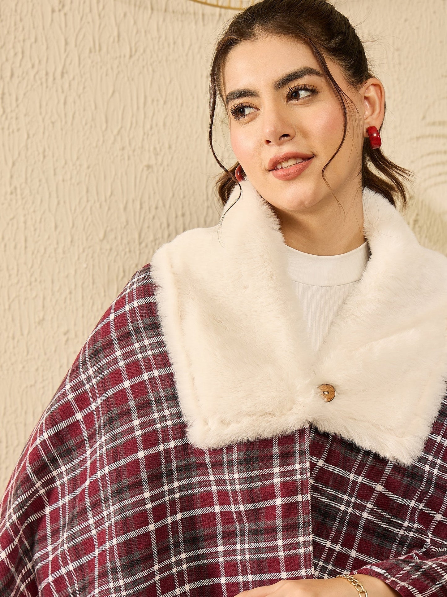 InWeave Burgundy Grey Check Cream Fur Poncho - Swadesiicart
