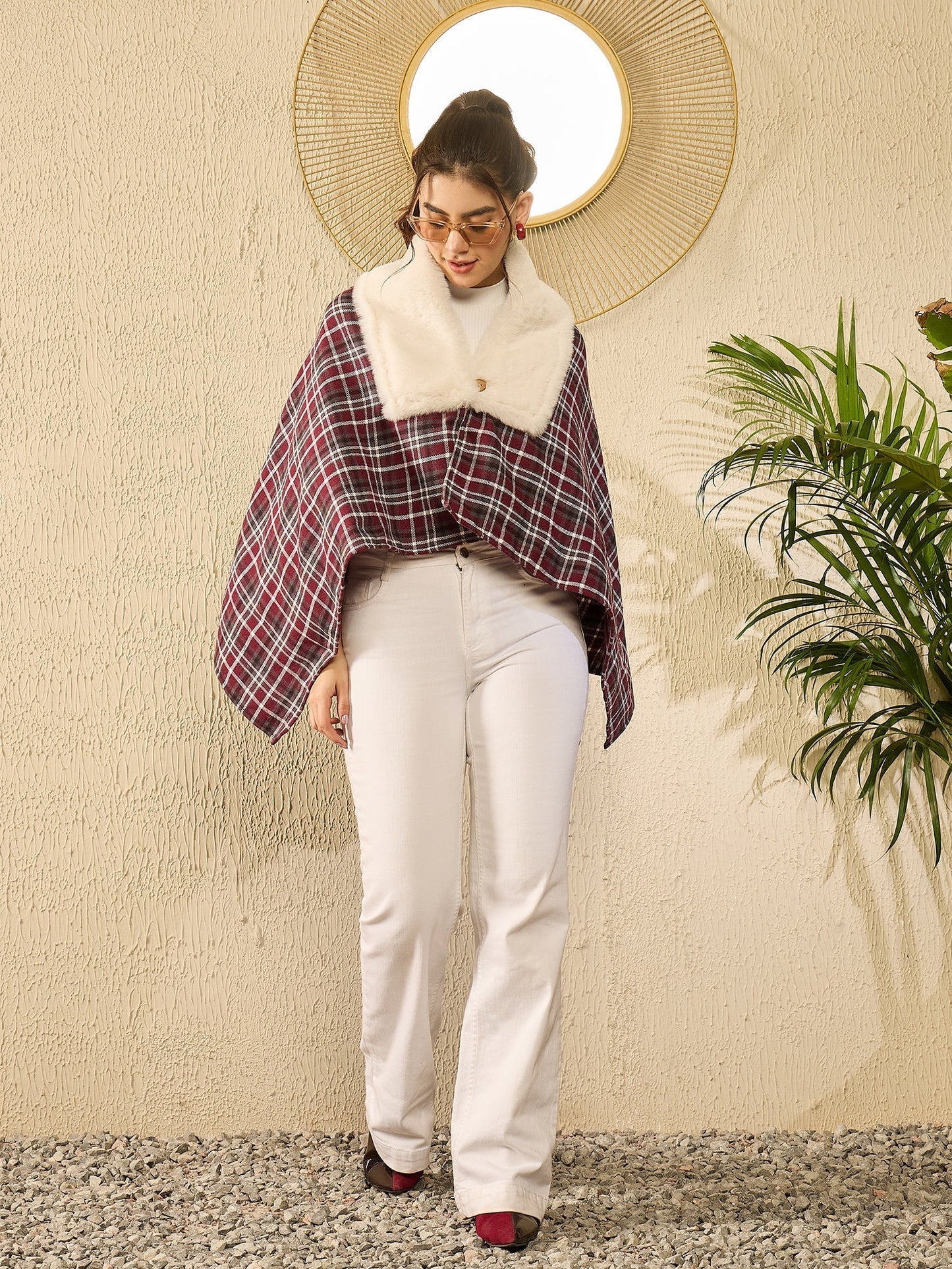 InWeave Burgundy Grey Check Cream Fur Poncho - Swadesiicart