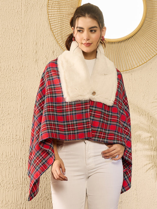 InWeave Red Green Check Cream Fur Poncho - Swadesiicart