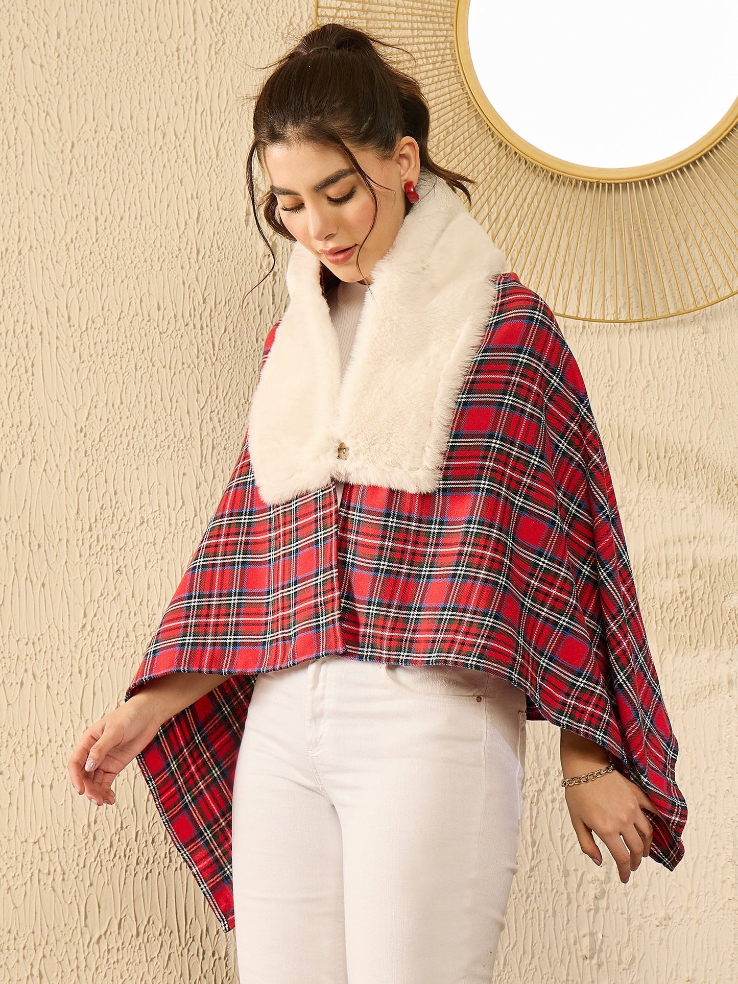 InWeave Red Green Check Cream Fur Poncho - Swadesiicart