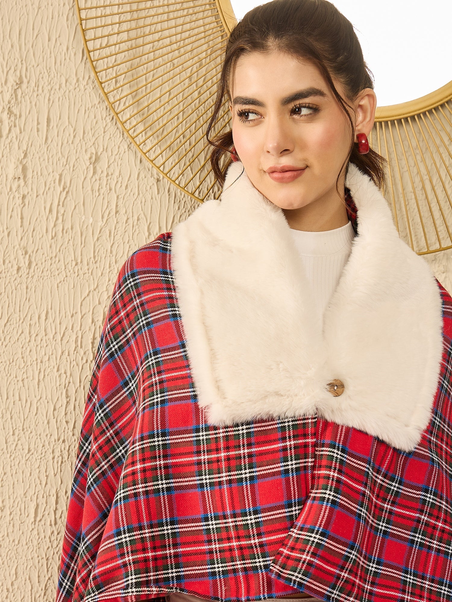 InWeave Red Green Check Cream Fur Poncho - Swadesiicart
