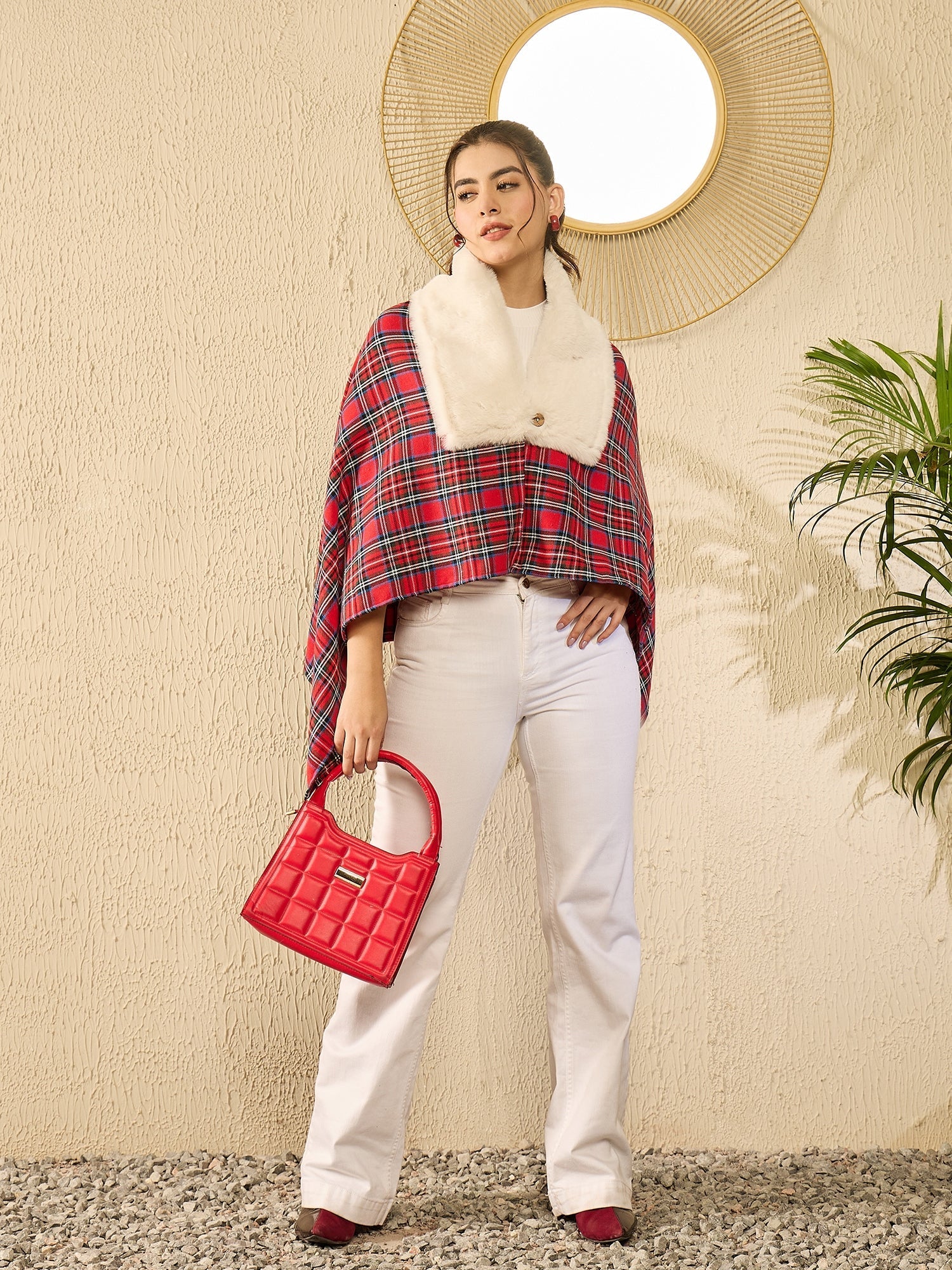 InWeave Red Green Check Cream Fur Poncho - Swadesiicart