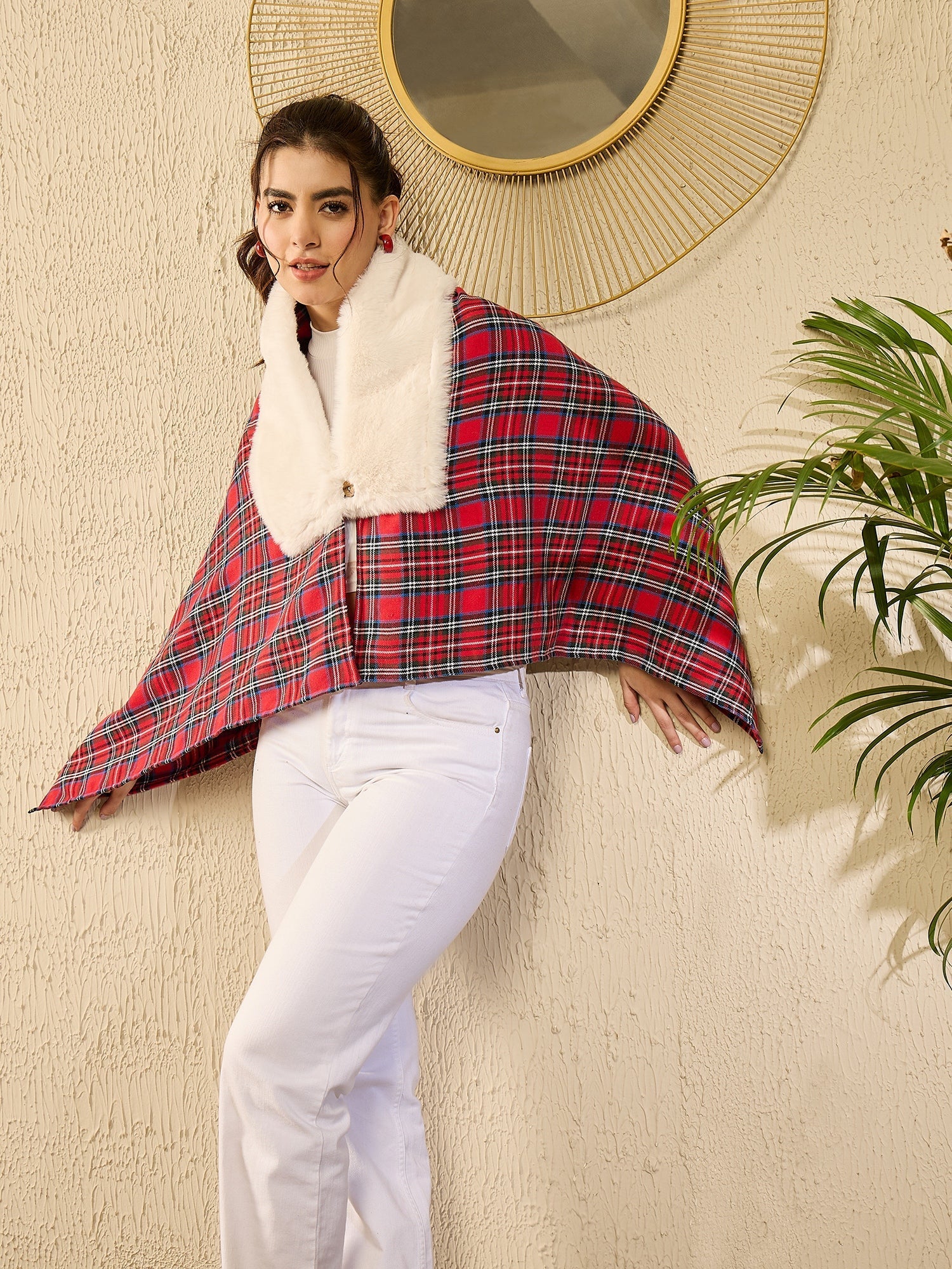 InWeave Red Green Check Cream Fur Poncho - Swadesiicart