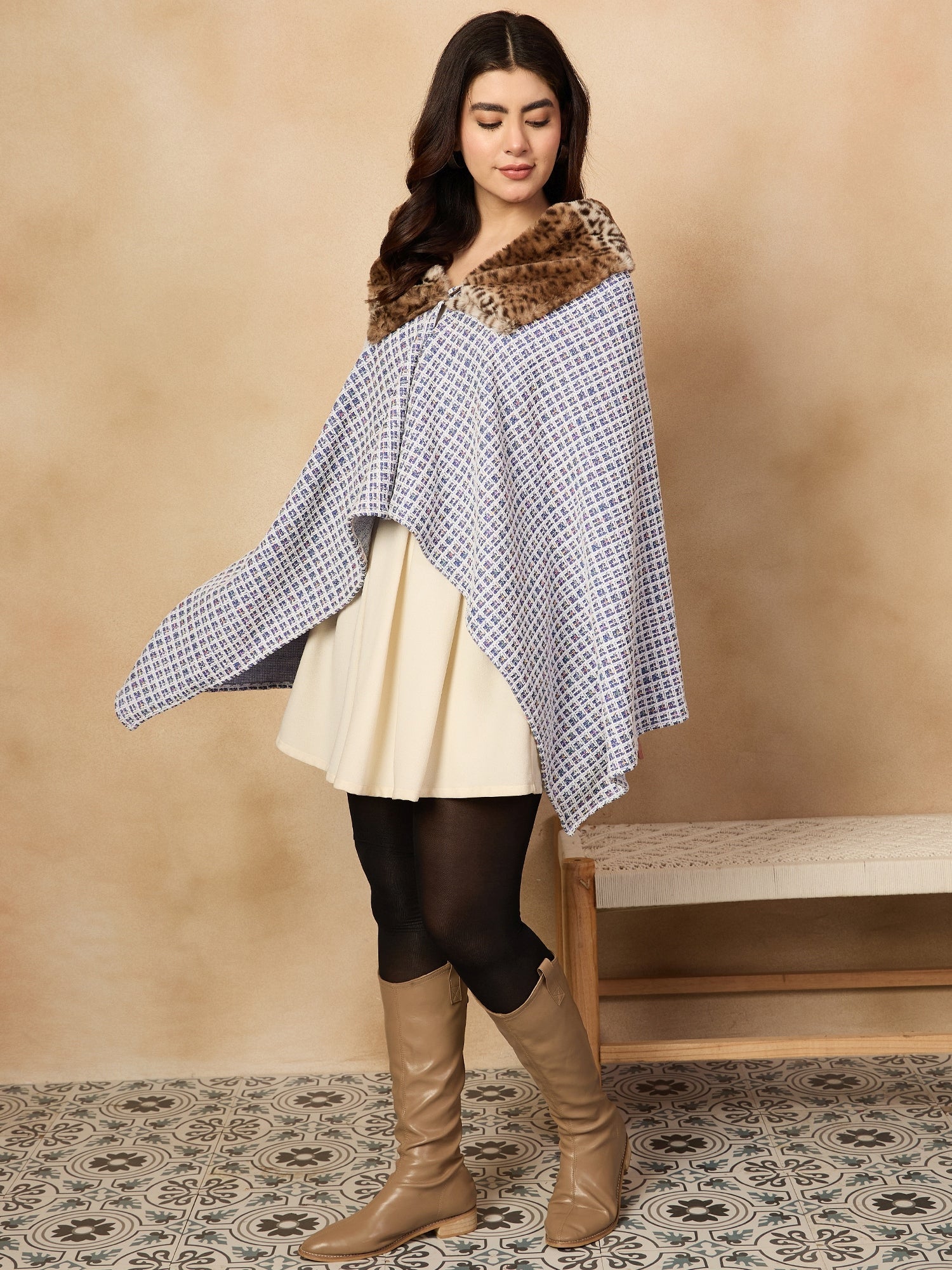 InWeave Blue White Check Acrylic Fur Poncho - Swadesiicart