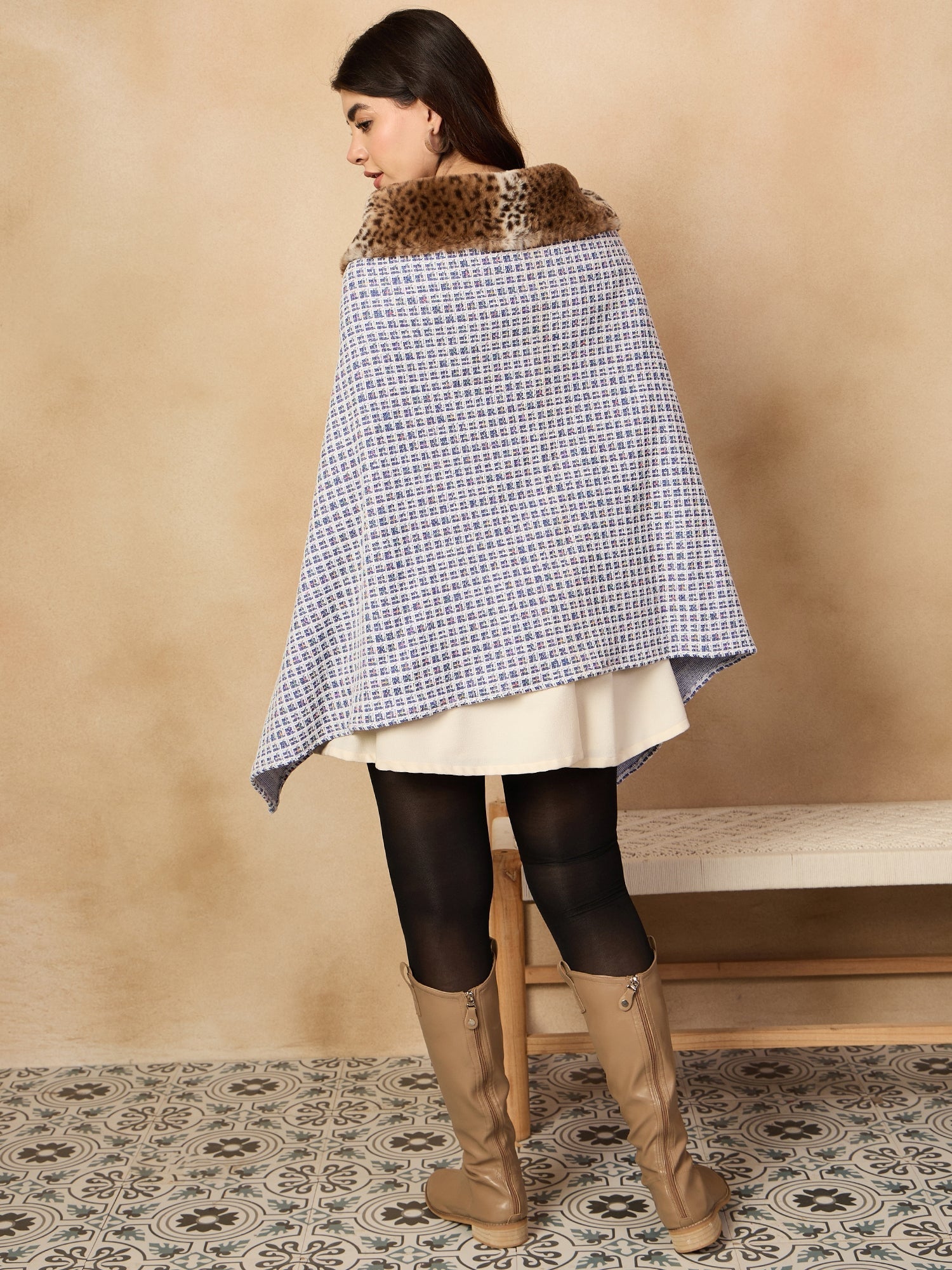 InWeave Blue White Check Acrylic Fur Poncho - Swadesiicart