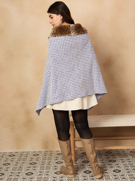 InWeave Blue White Check Acrylic Fur Poncho - Swadesiicart