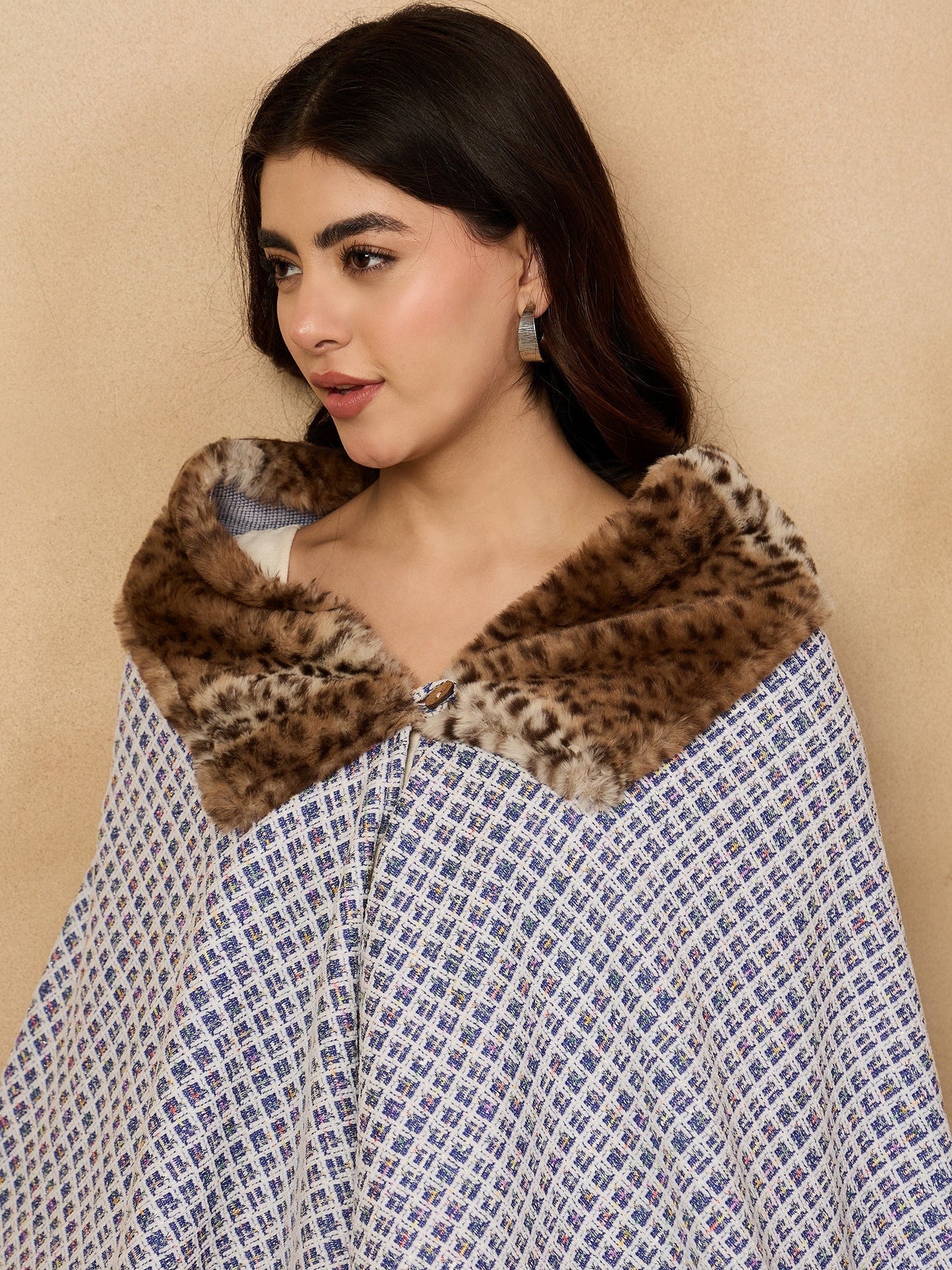 InWeave Blue White Check Acrylic Fur Poncho - Swadesiicart