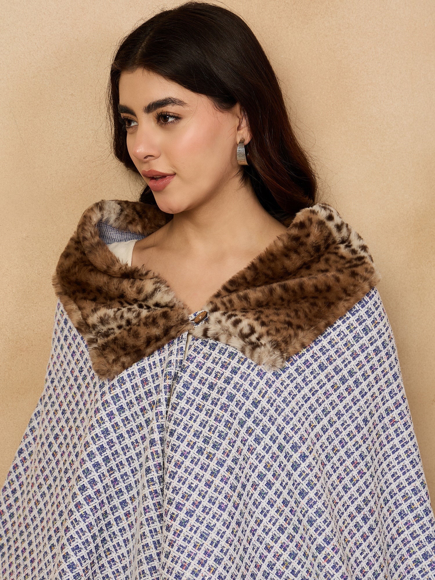 InWeave Blue White Check Acrylic Fur Poncho - Swadesiicart