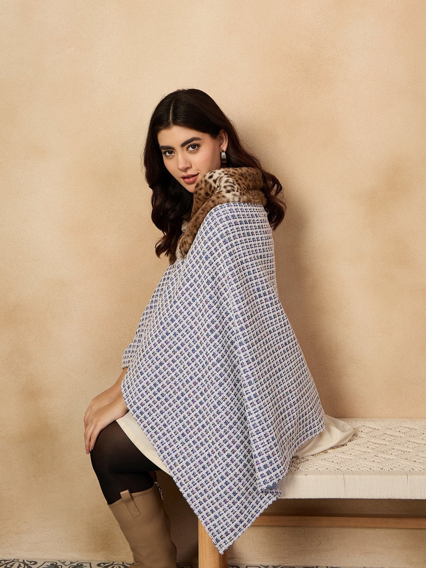 InWeave Blue White Check Acrylic Fur Poncho - Swadesiicart