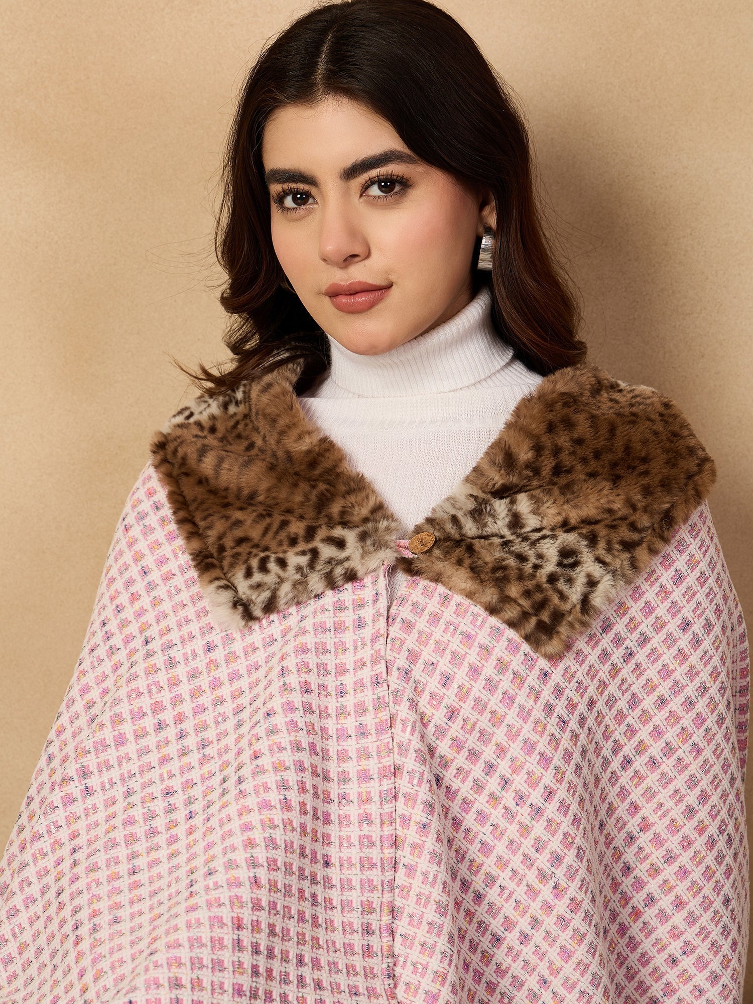 InWeave Pink White Check Acrylic Fur Poncho - Swadesiicart
