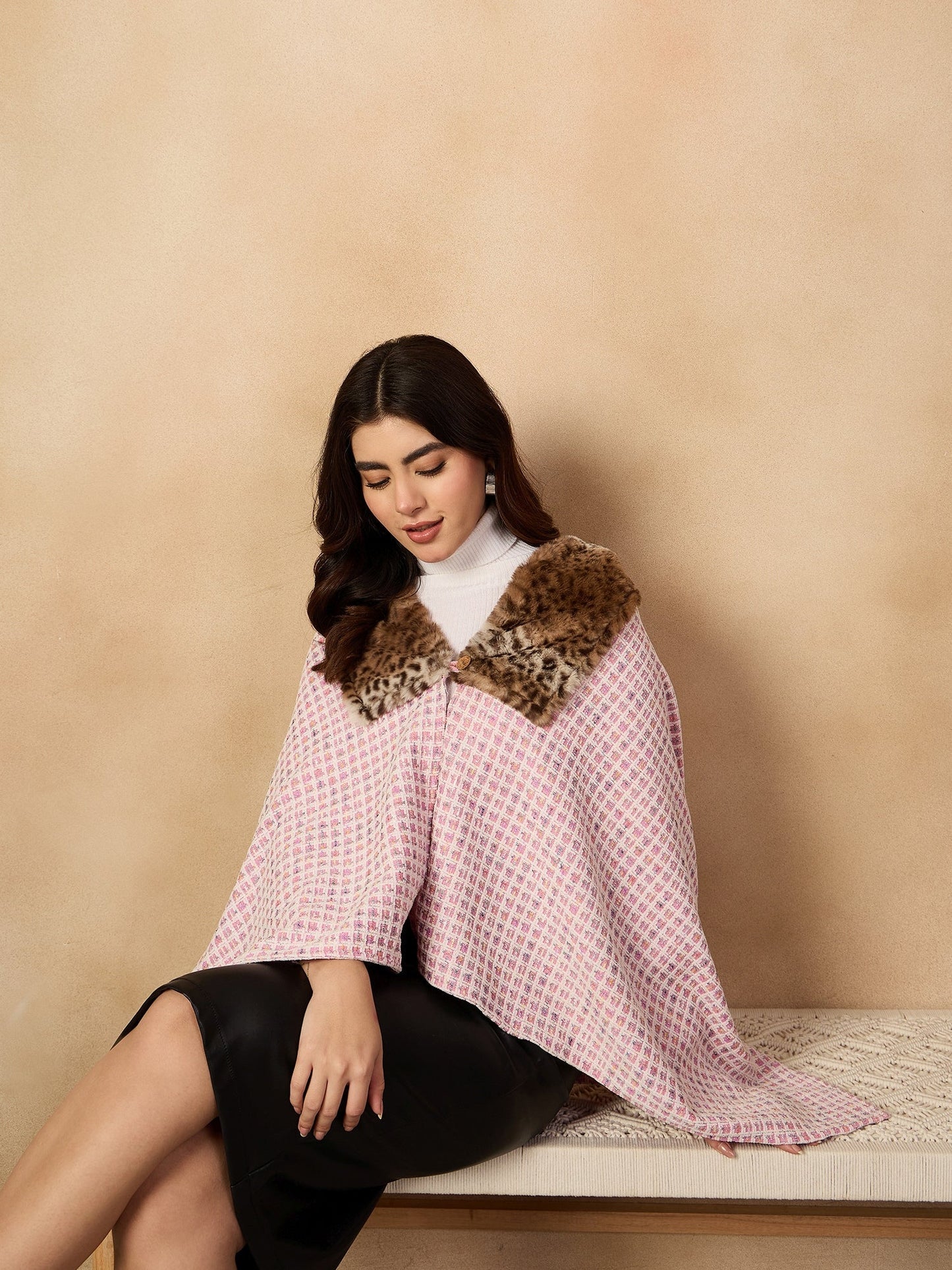InWeave Pink White Check Acrylic Fur Poncho - Swadesiicart