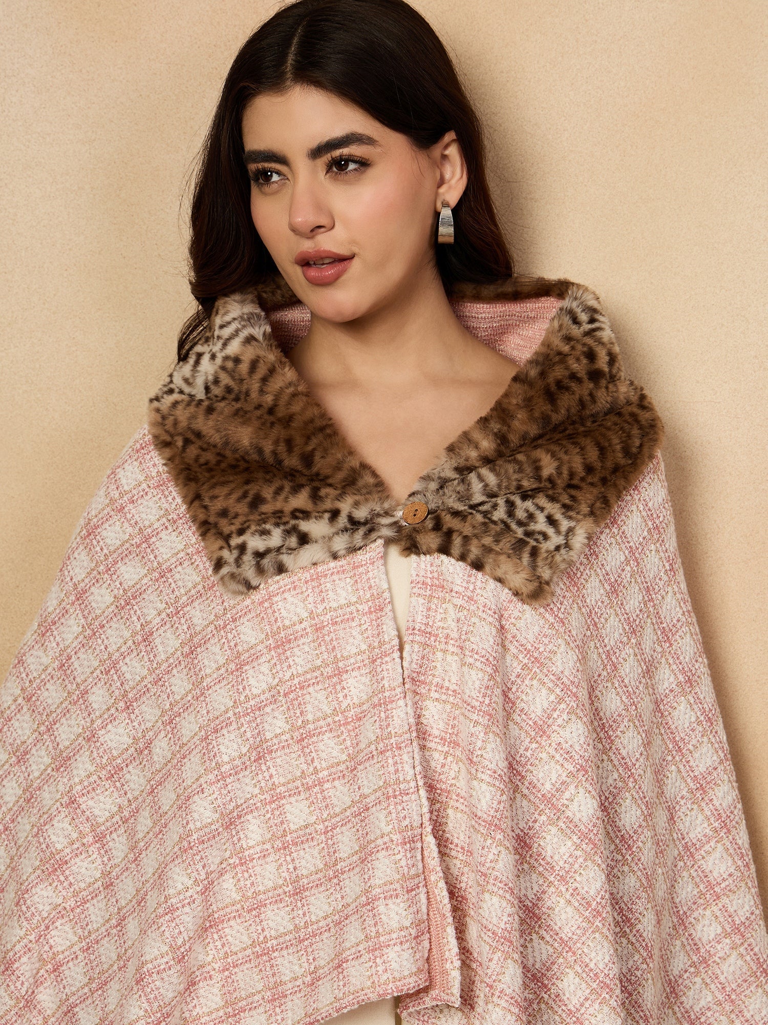 InWeave Peach White Big Check Acrylic Fur Poncho - Swadesiicart
