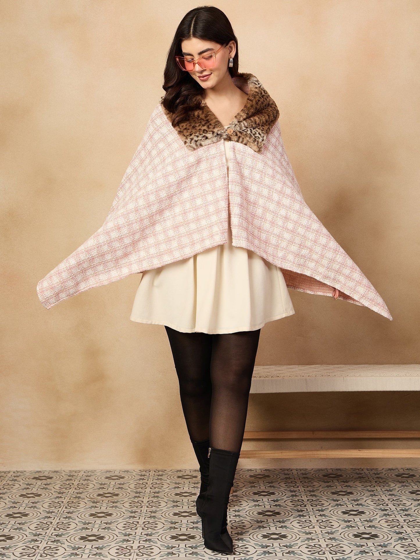 InWeave Peach White Big Check Acrylic Fur Poncho - Swadesiicart
