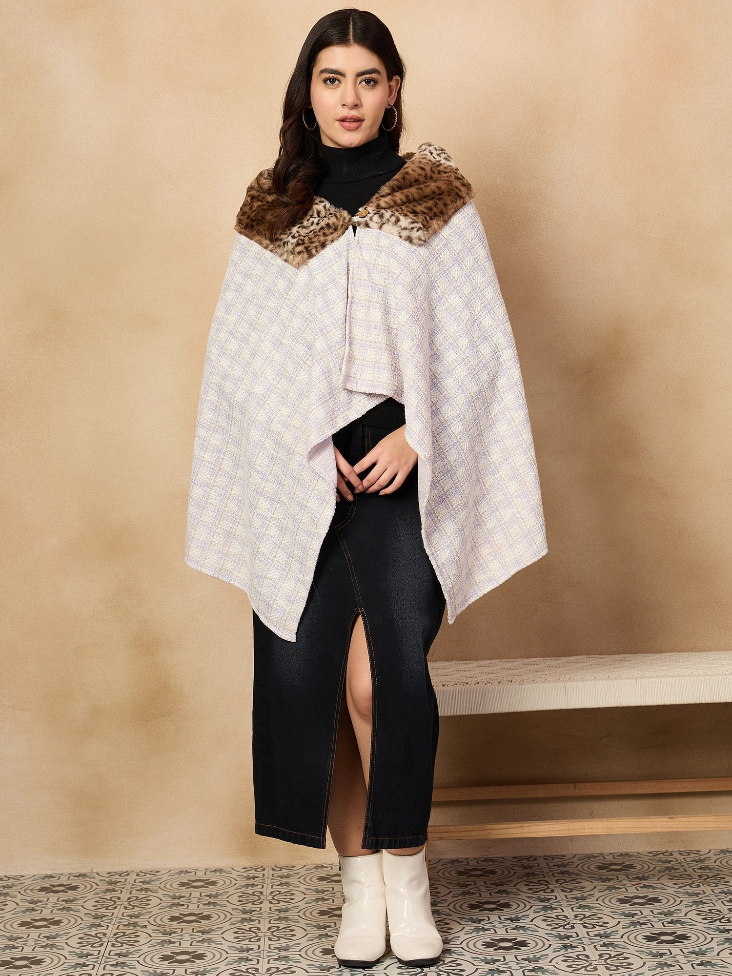 InWeave Mauve White Big Check Acrylic Fur Poncho - Swadesiicart