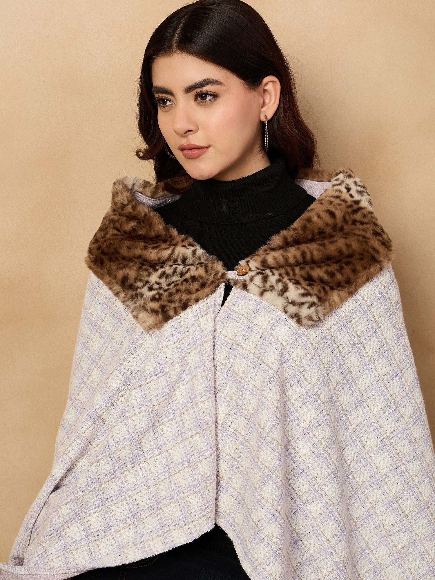 InWeave Mauve White Big Check Acrylic Fur Poncho - Swadesiicart