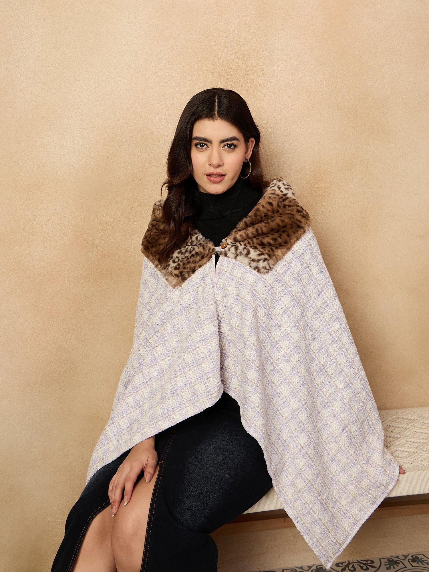 InWeave Mauve White Big Check Acrylic Fur Poncho - Swadesiicart