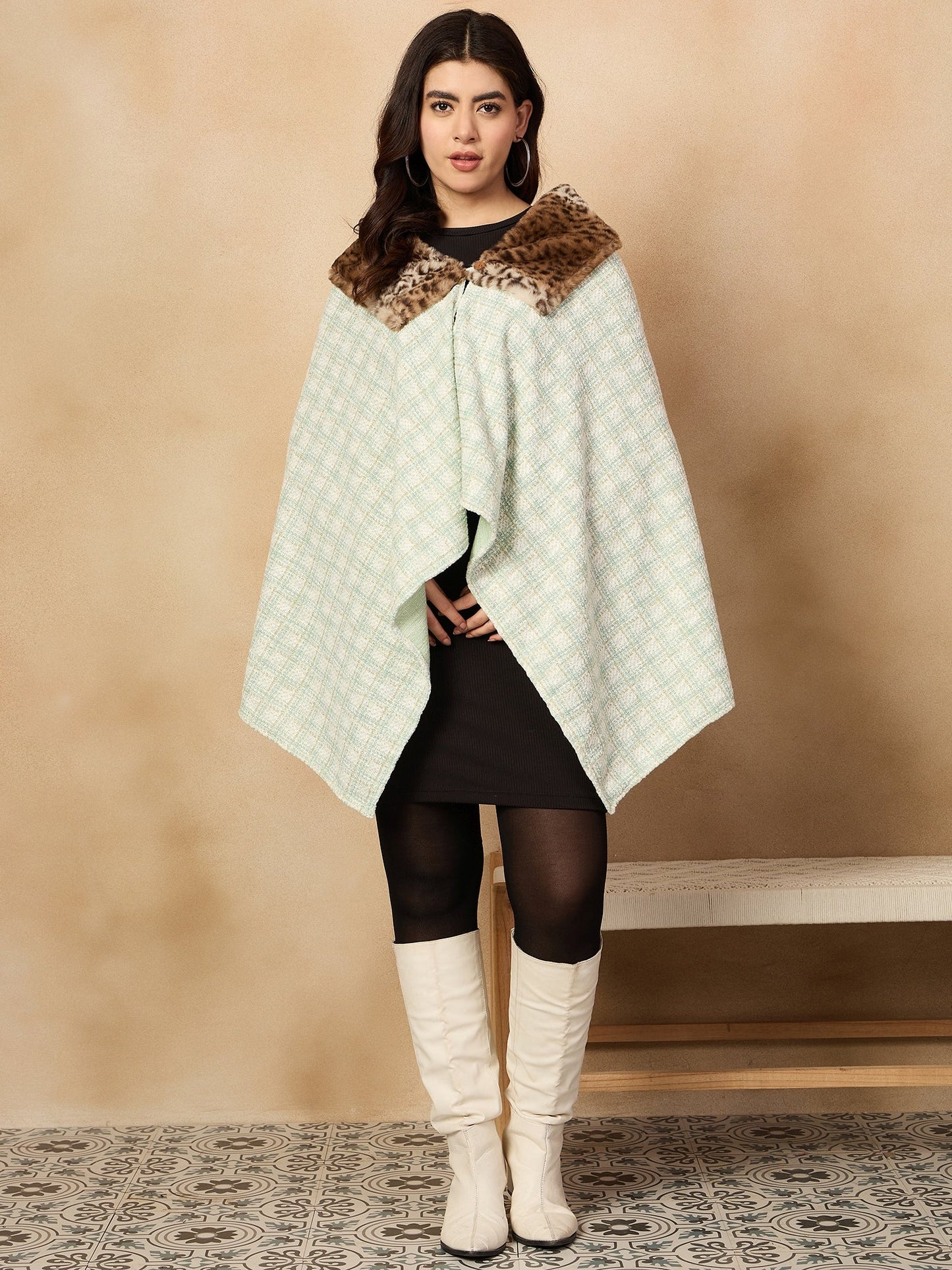 InWeave Green White Big Check Acrylic Fur Poncho - Swadesiicart