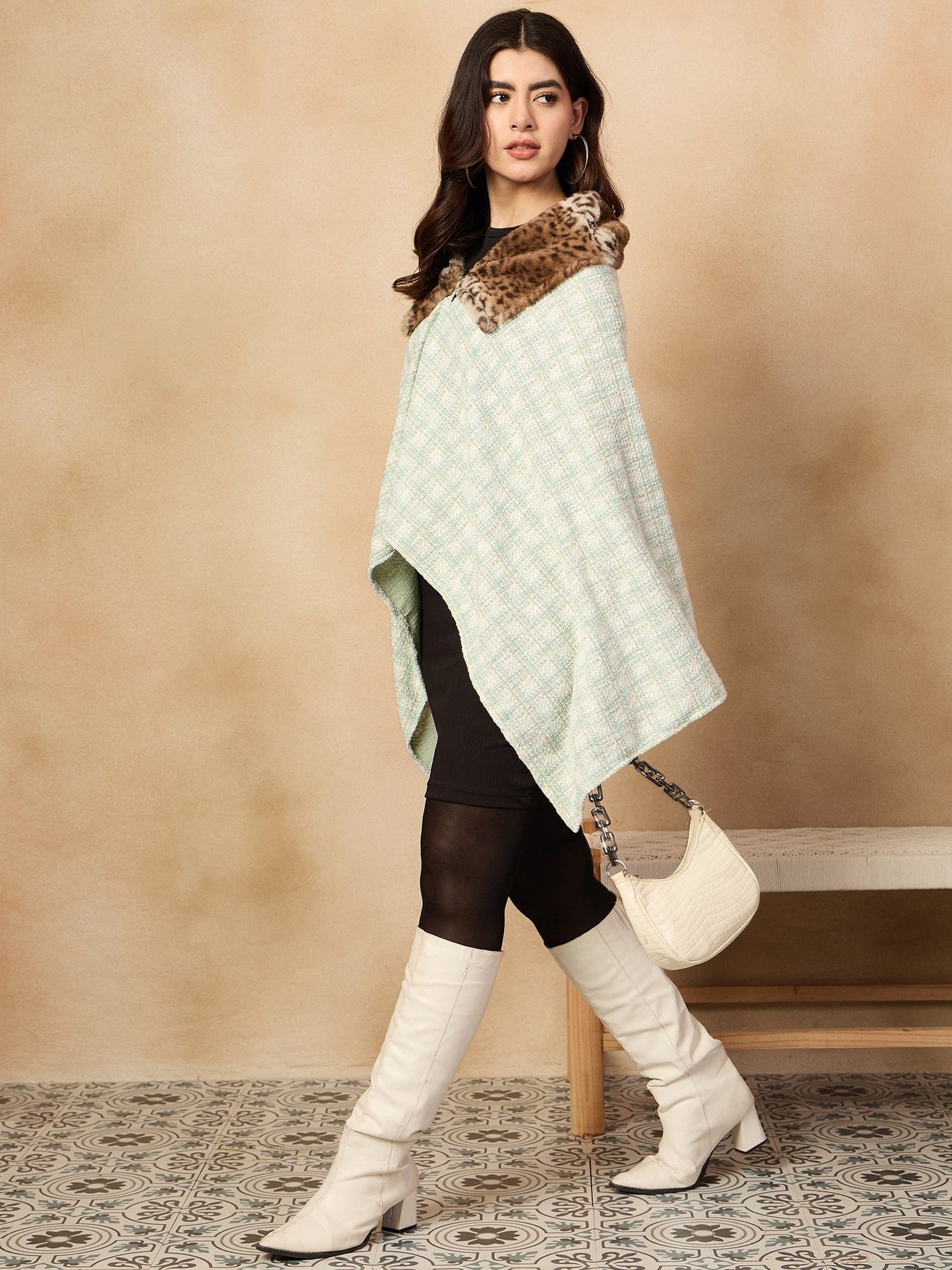 InWeave Green White Big Check Acrylic Fur Poncho - Swadesiicart