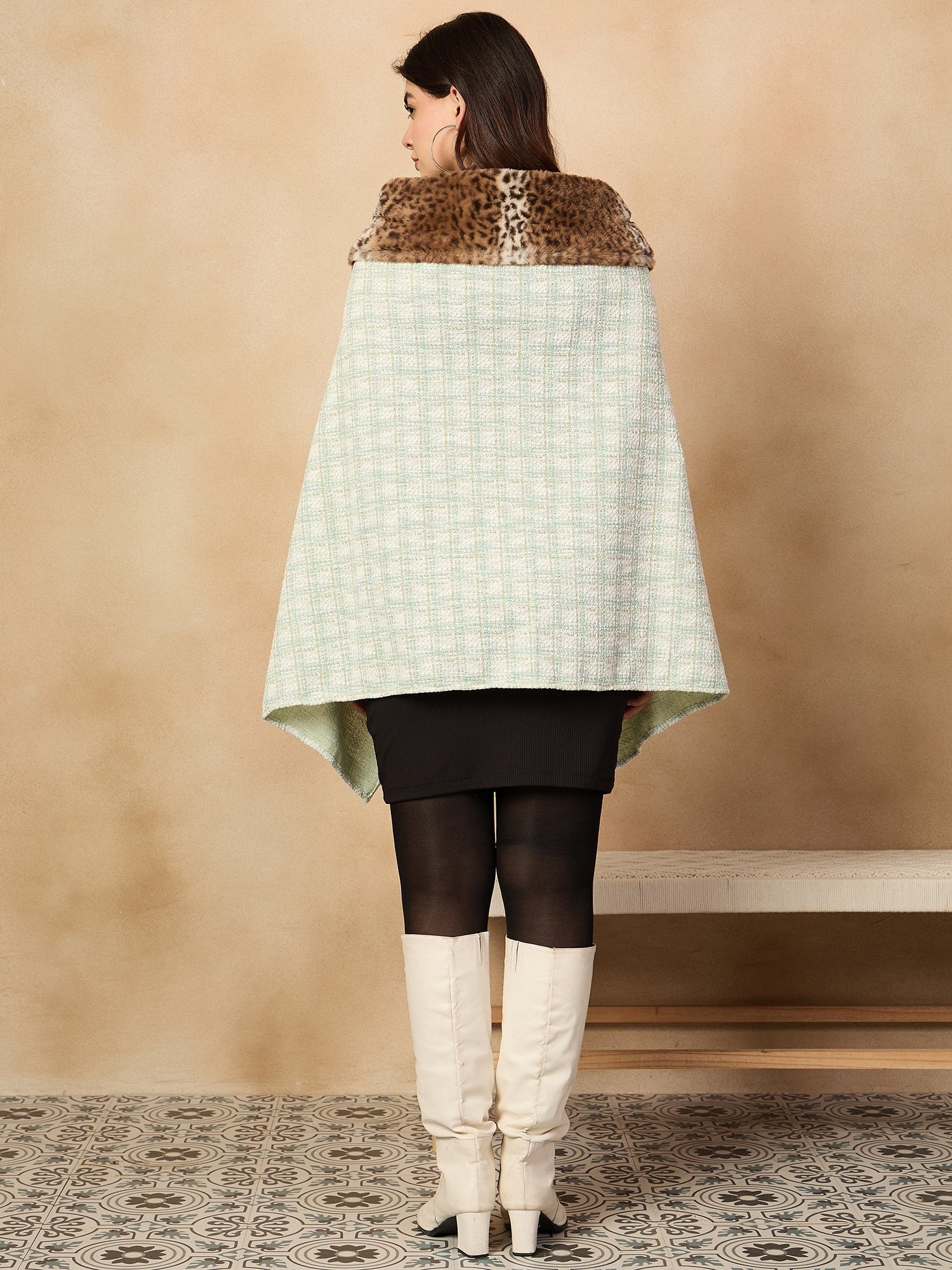 InWeave Green White Big Check Acrylic Fur Poncho - Swadesiicart