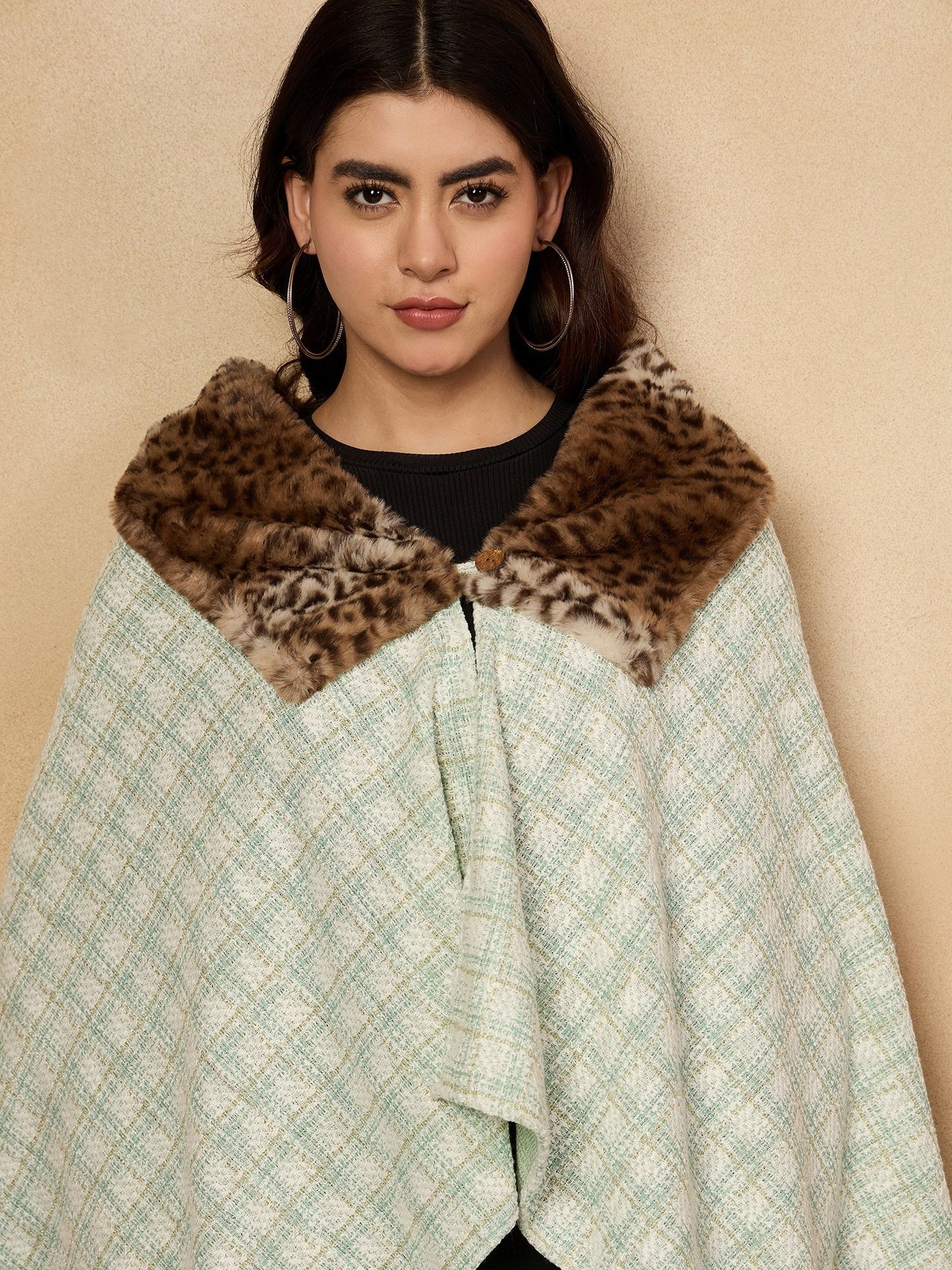 InWeave Green White Big Check Acrylic Fur Poncho - Swadesiicart